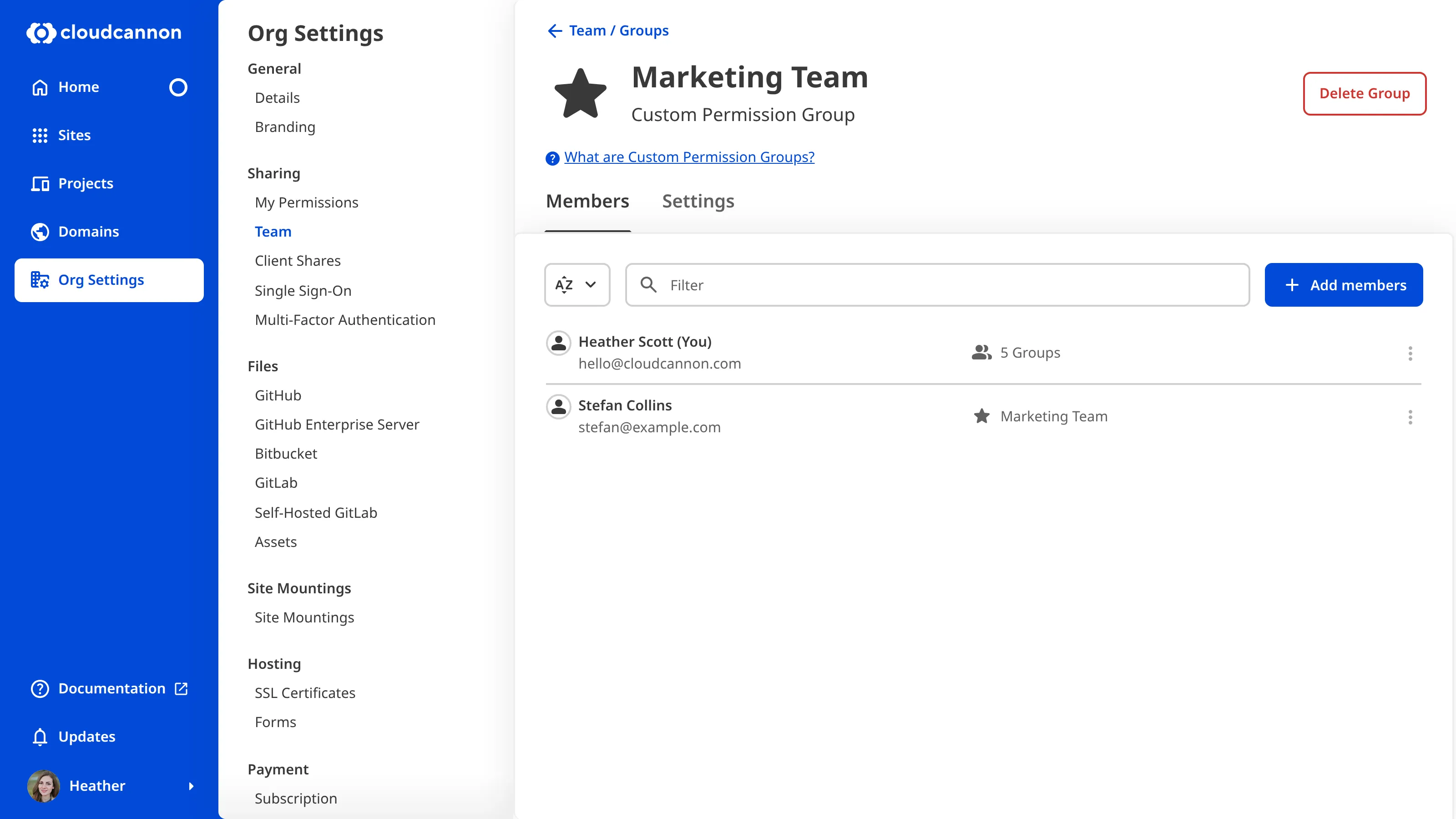 A screenshot of the Marketing Team Custom Permission Group page shows the Delete Group button.