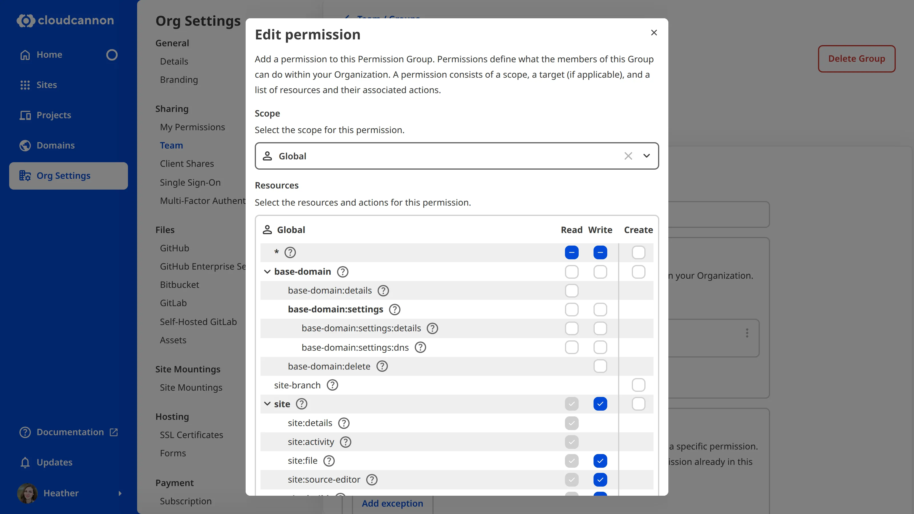 A screenshot of the Edit permission modal shows the scope and resource tree for a Global permission with site:write.