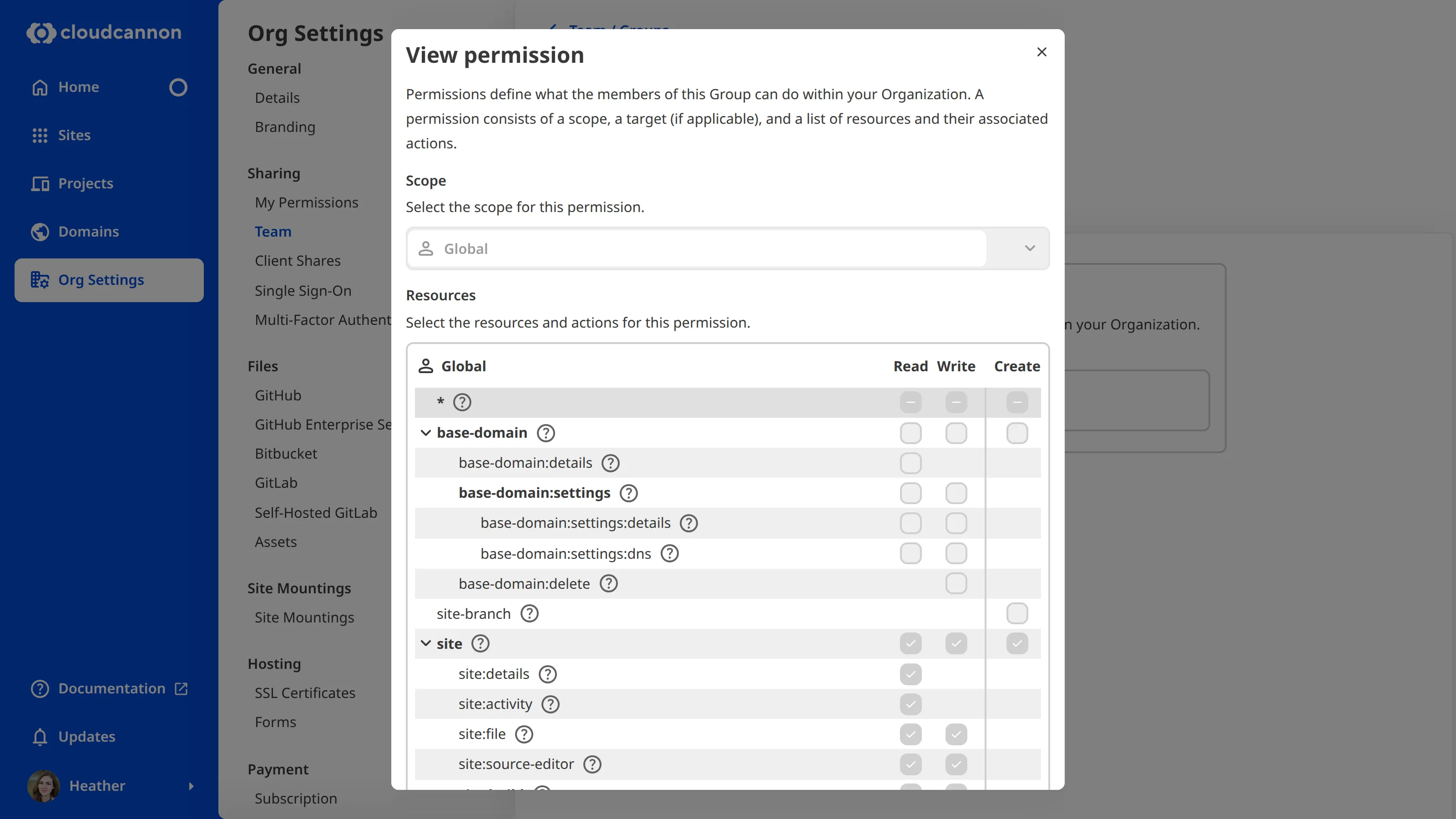 The View permission modal A screenshot of the View permission modal shows the scope, target, and resource options for a permission in a Default Permission Group.