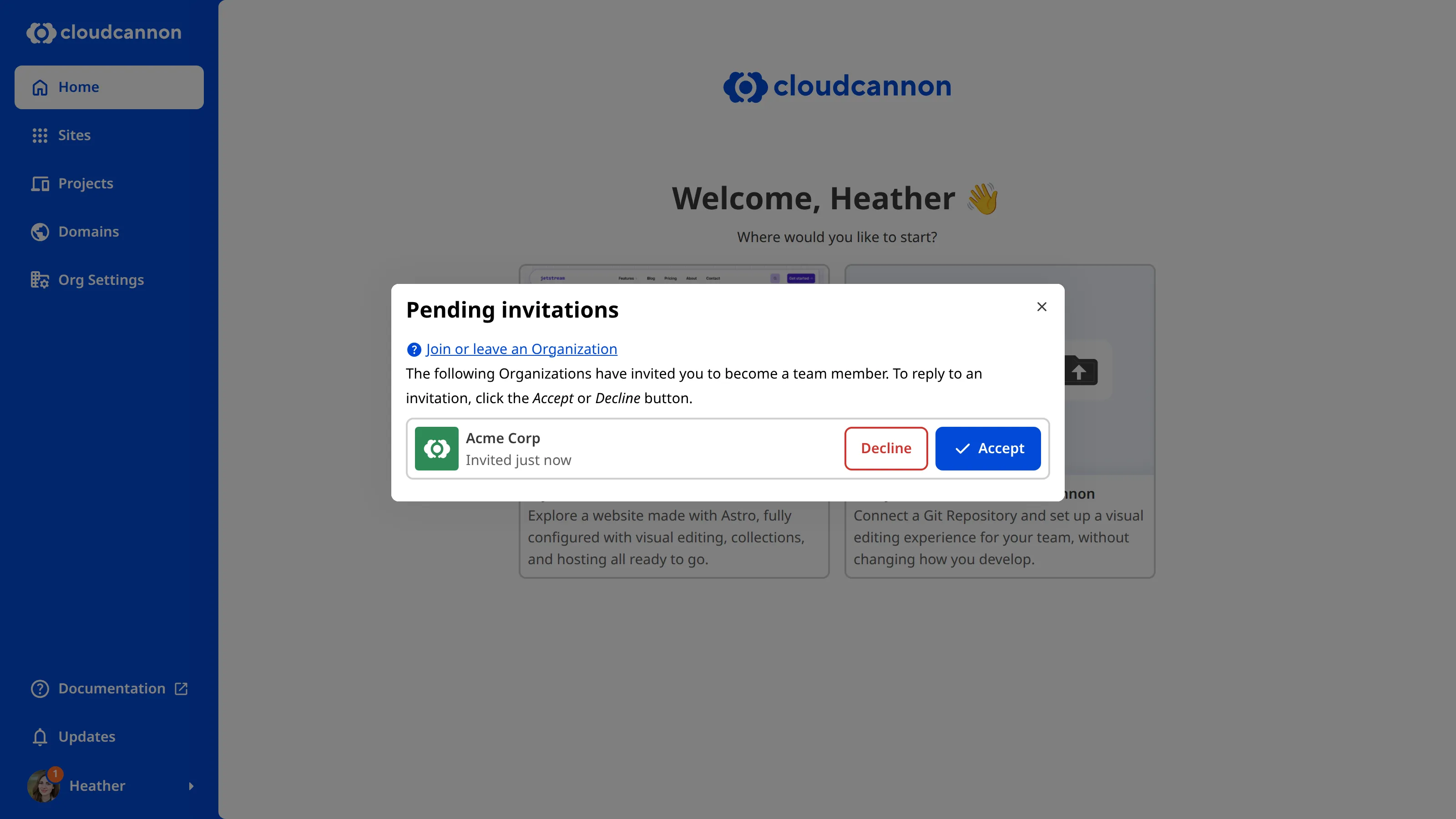 A screenshot of the Pending invitations modal shows one invitation with Accept and Decline buttons.