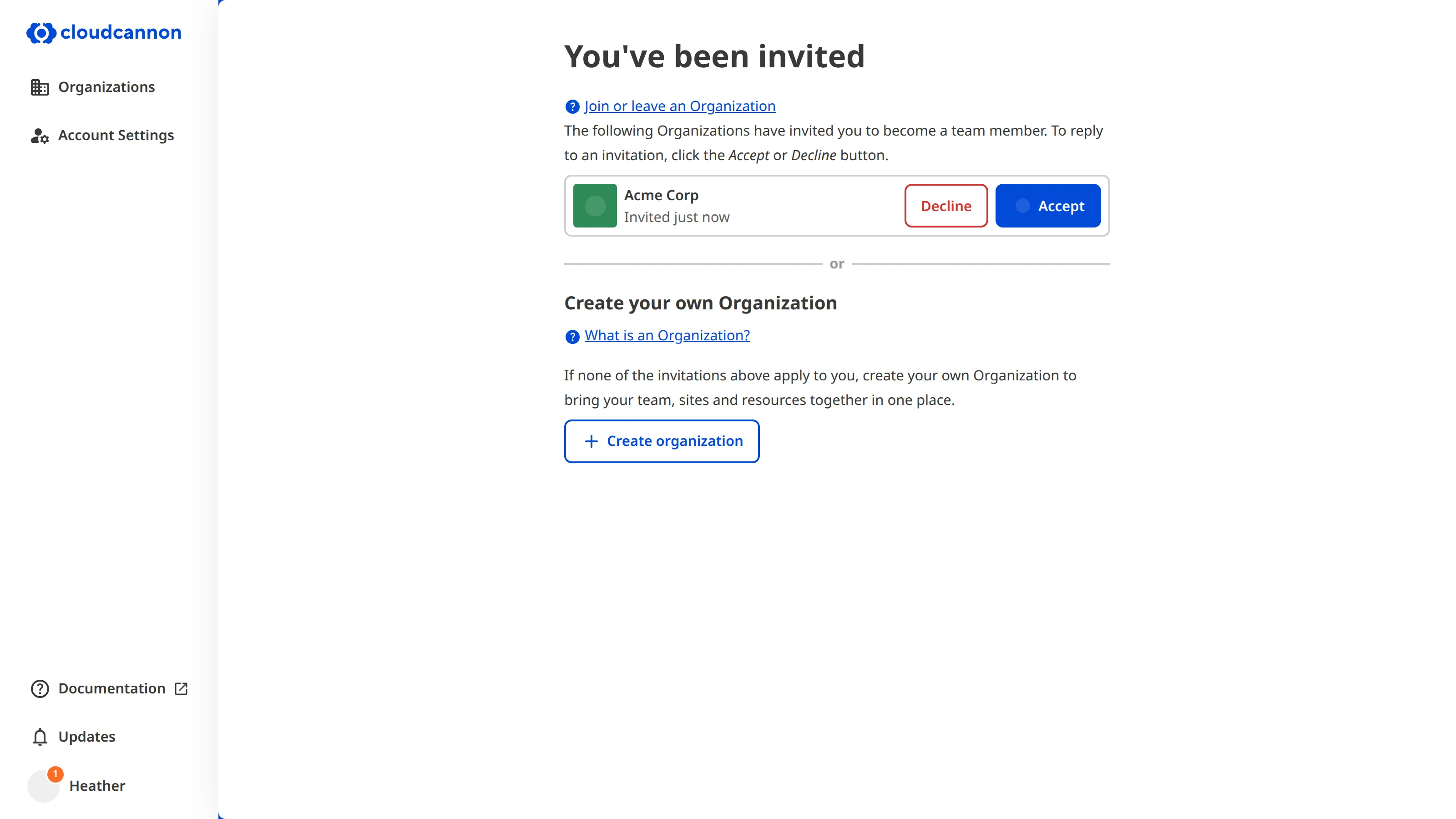 A screenshot of the You've been invited page shows a pending invitation with Accept and Decline buttons, and an option to create your own Organization.