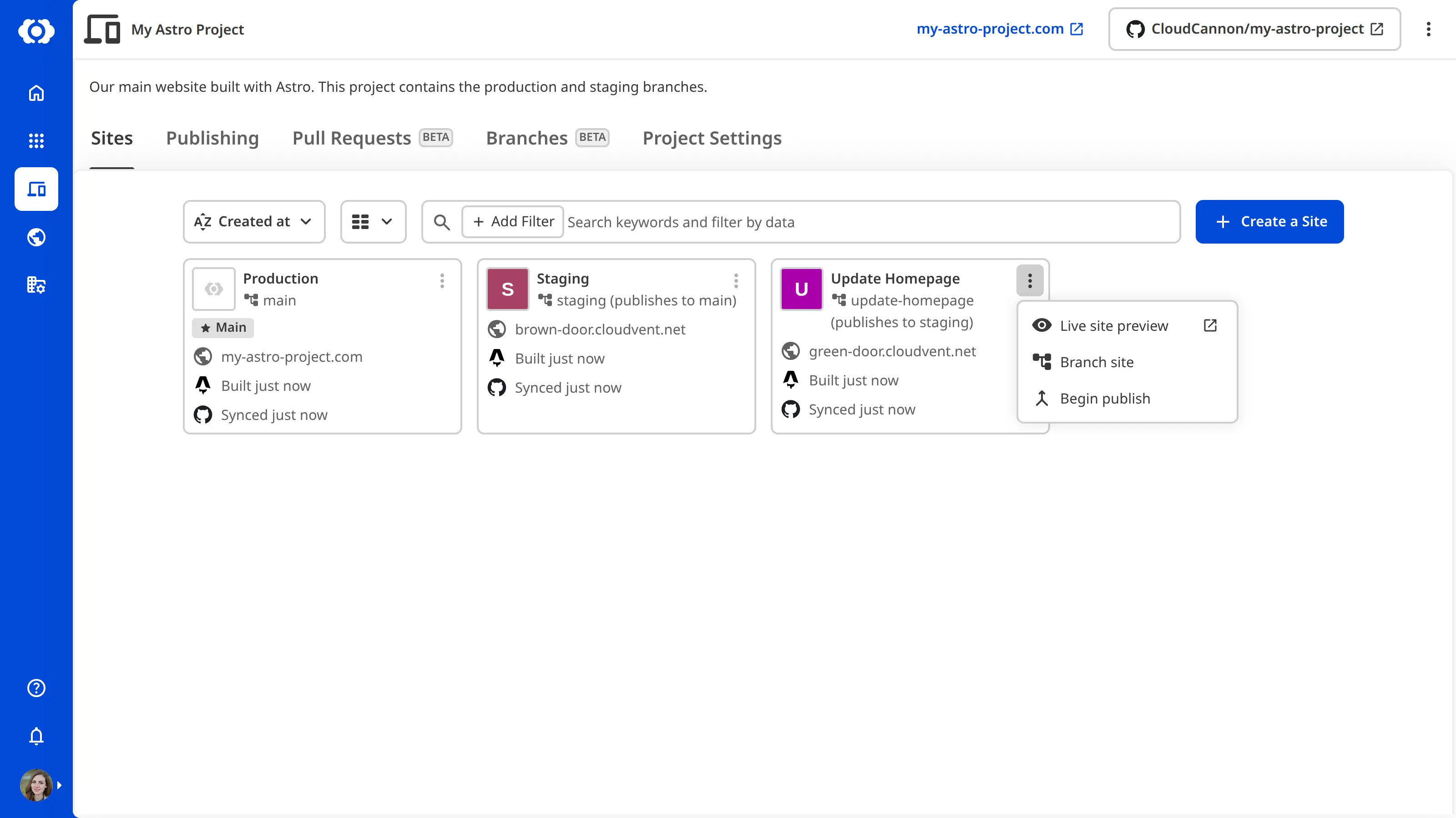A screenshot of the Project Sites Browser showing the context menu open on a Site card, with the Branch Site option visible.
