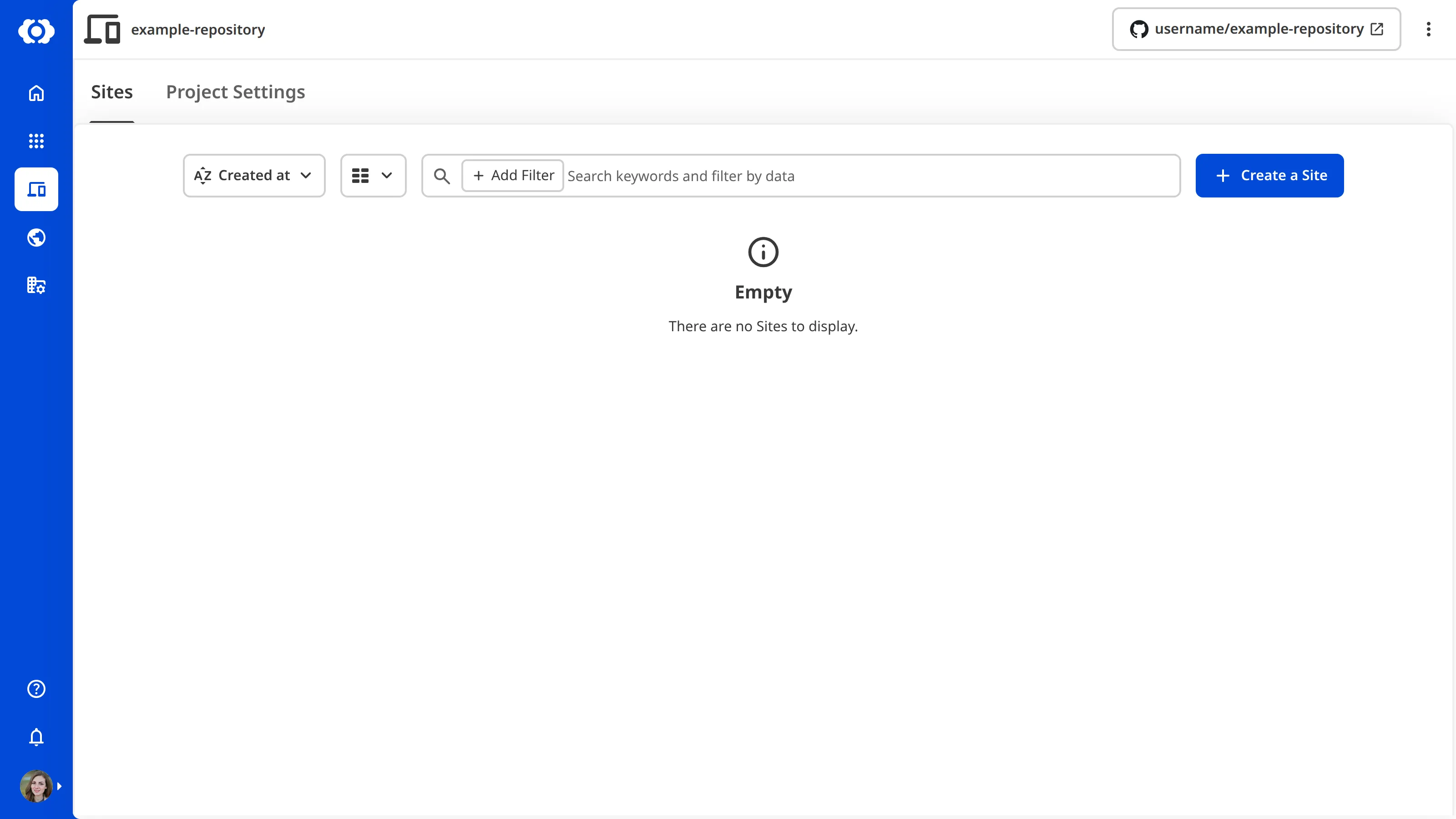 A screenshot of an empty Project page showing the Sites tab with no Sites to display.