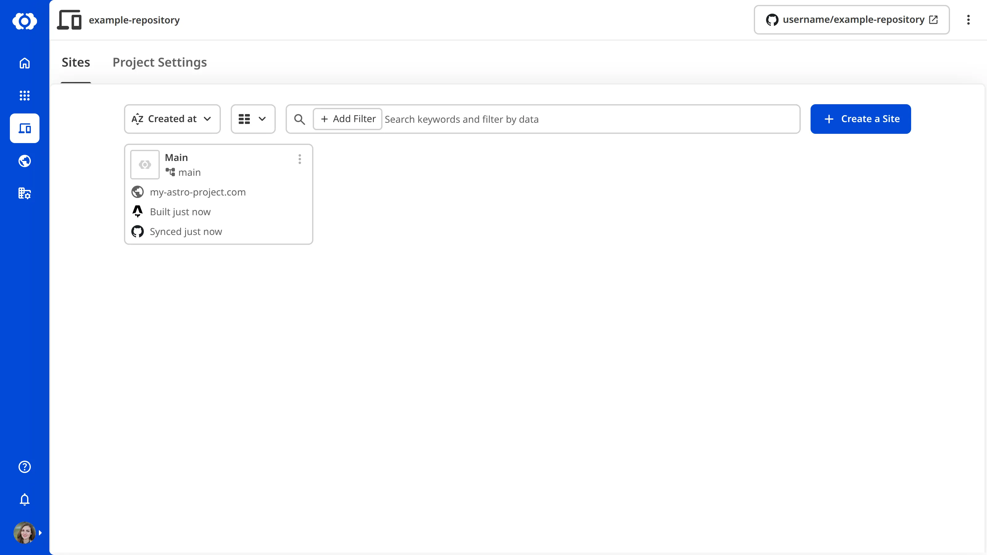A screenshot of the Project page shows the Sites list with a Create a Site button and one connected Site.