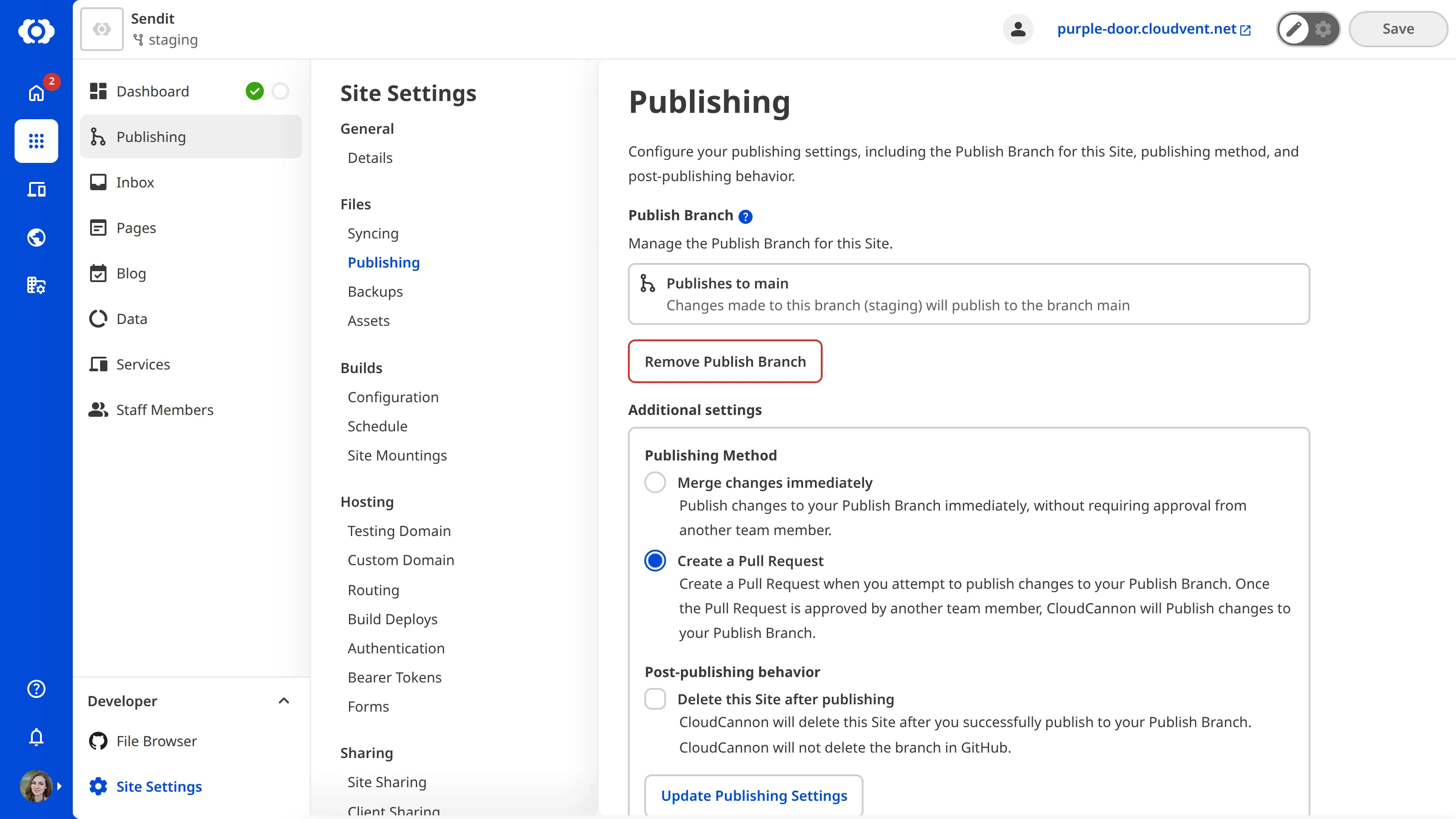 A screenshot of the Publishing page shows a connected Publish Branch with options for merge mode, pull requests, and delete after publishing.