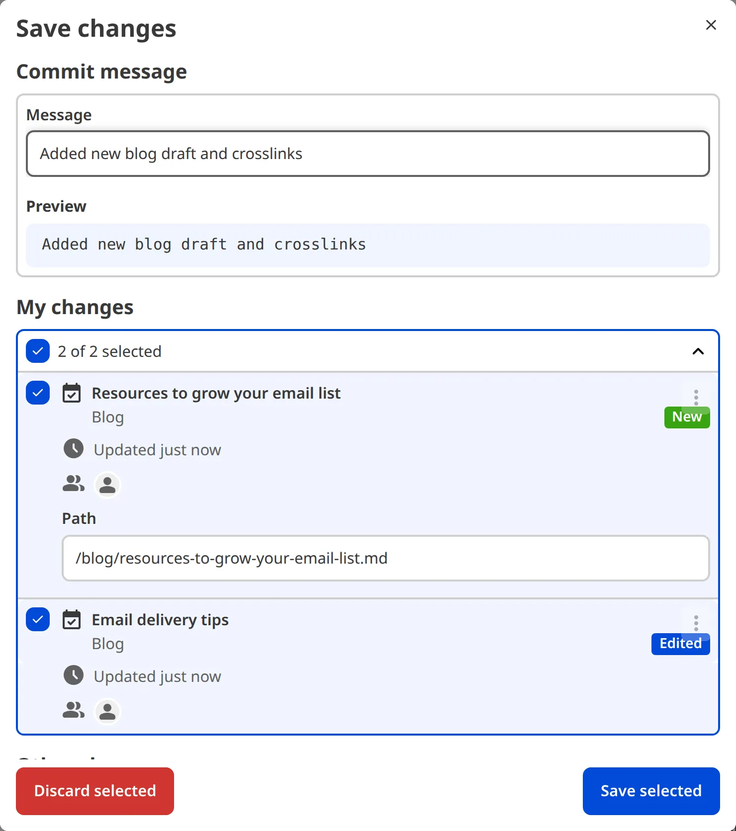 The Save Changes modal with a commit message describing the changes made to the site.