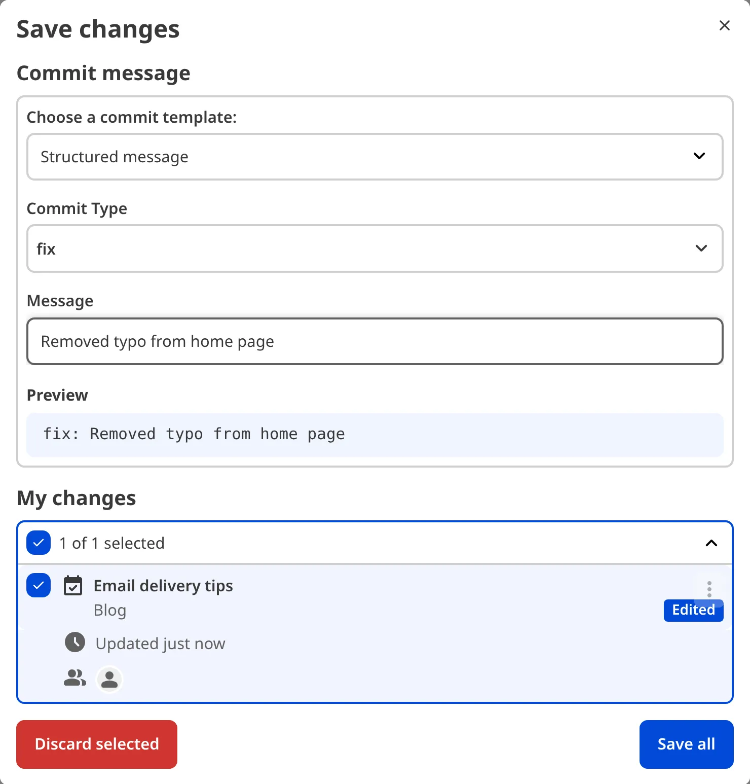 The Save Changes modal shows a commit message with a select and a text input.