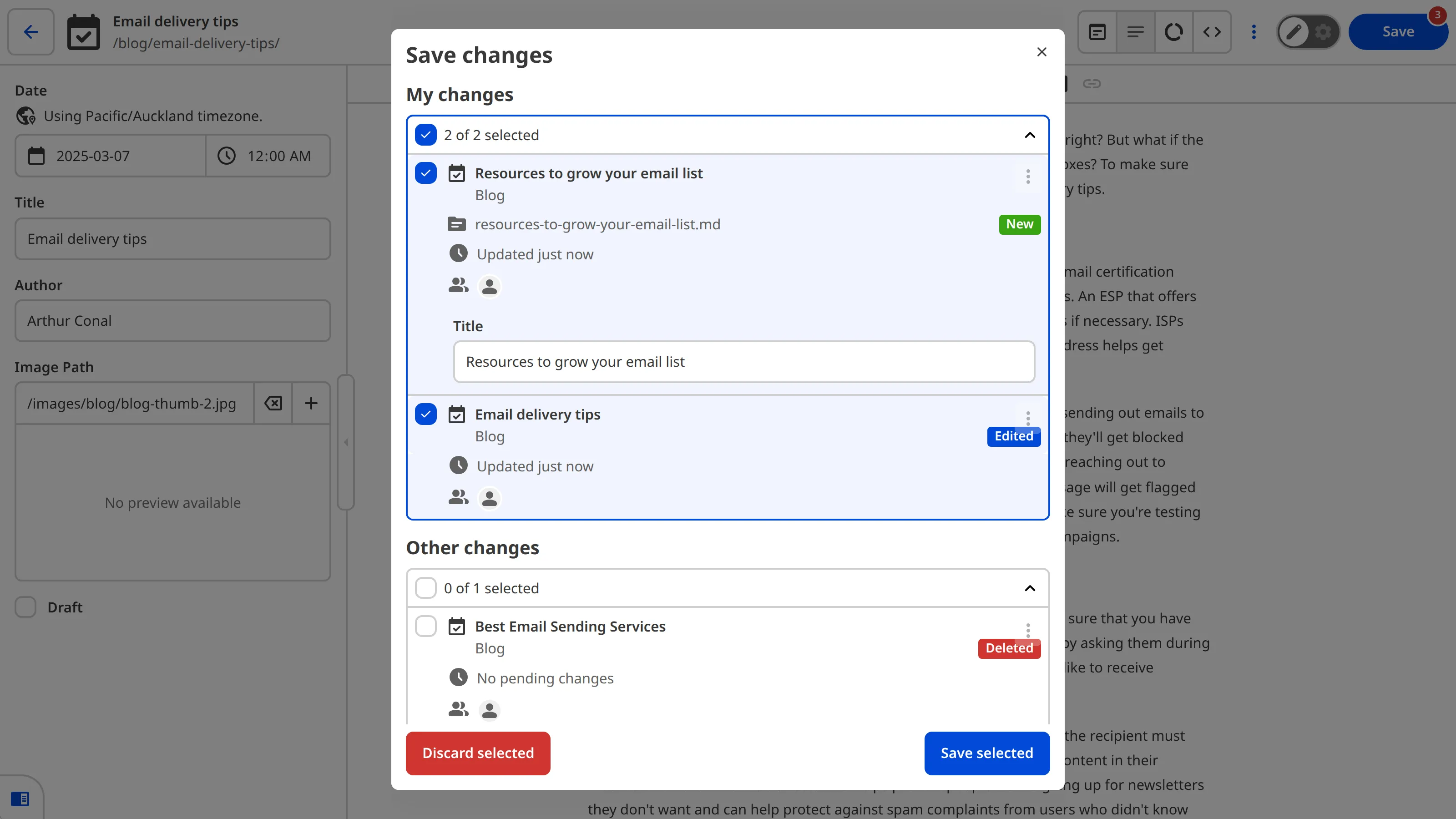 A screenshot of the Review changes modal shows all files with unsaved changes, organized into sections.