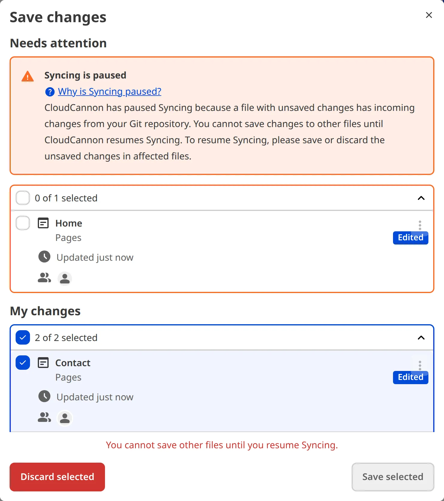 The Review changes modal shows the Needs attention heading with a Syncing is paused warning and an affected file.