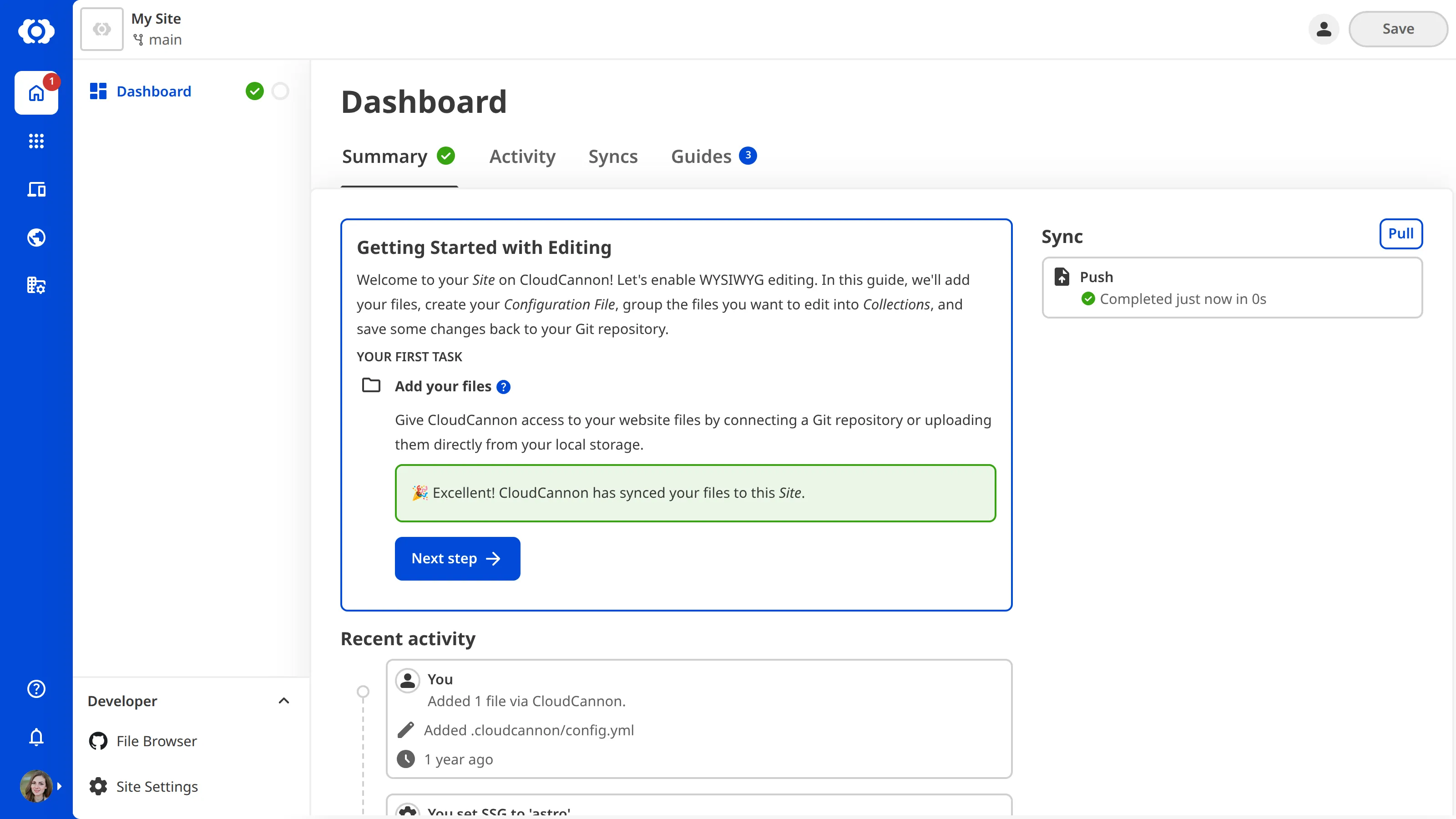 The Site Dashboard A screenshot of the Site Dashboard shows the Getting Started with Editing guide with a task to Add your Files.