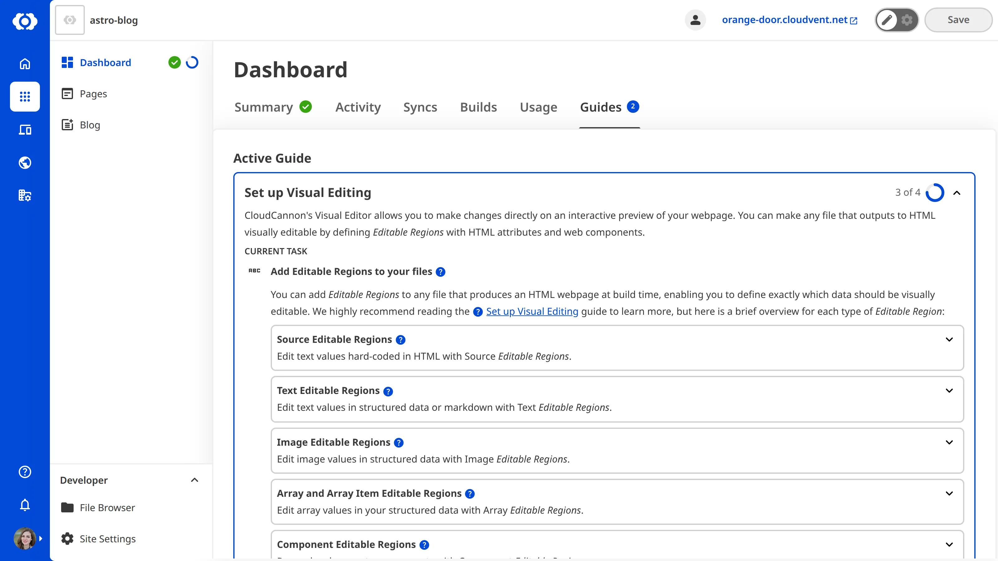 The Site Dashboard Guides tab A screenshot of the Guides tab on the Site Dashboard shows that the active in-app guide is Set up Visual Editing.