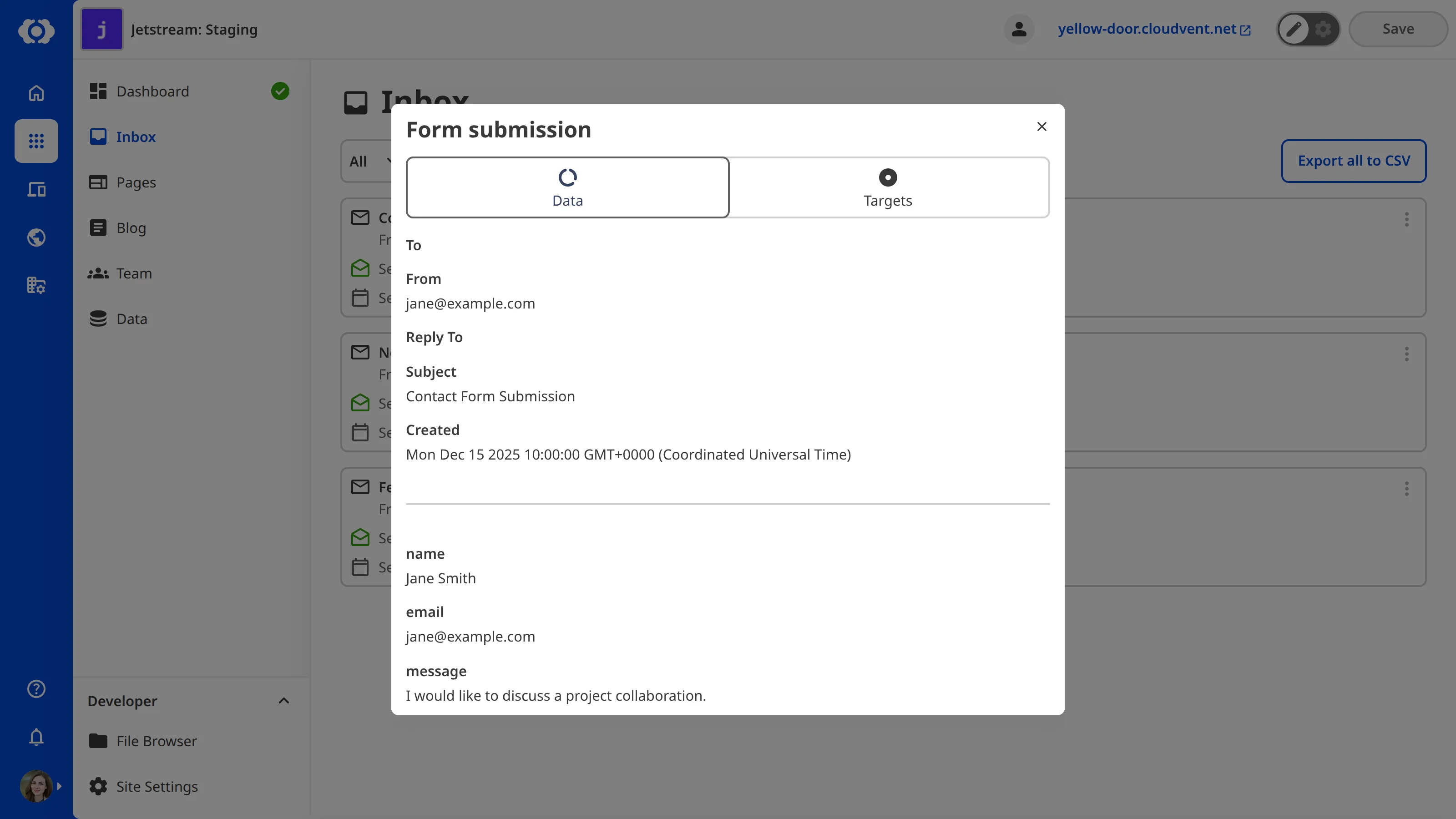 A screenshot of the submission details modal shows the form data, including the sender, subject, and submitted fields.