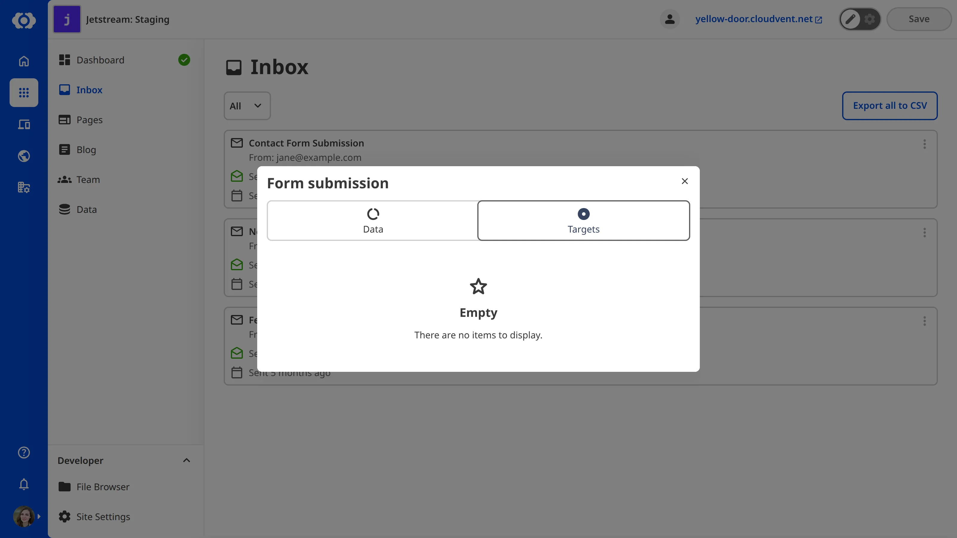 A screenshot of the submission details modal shows the form data, including the sender, subject, and submitted fields.
