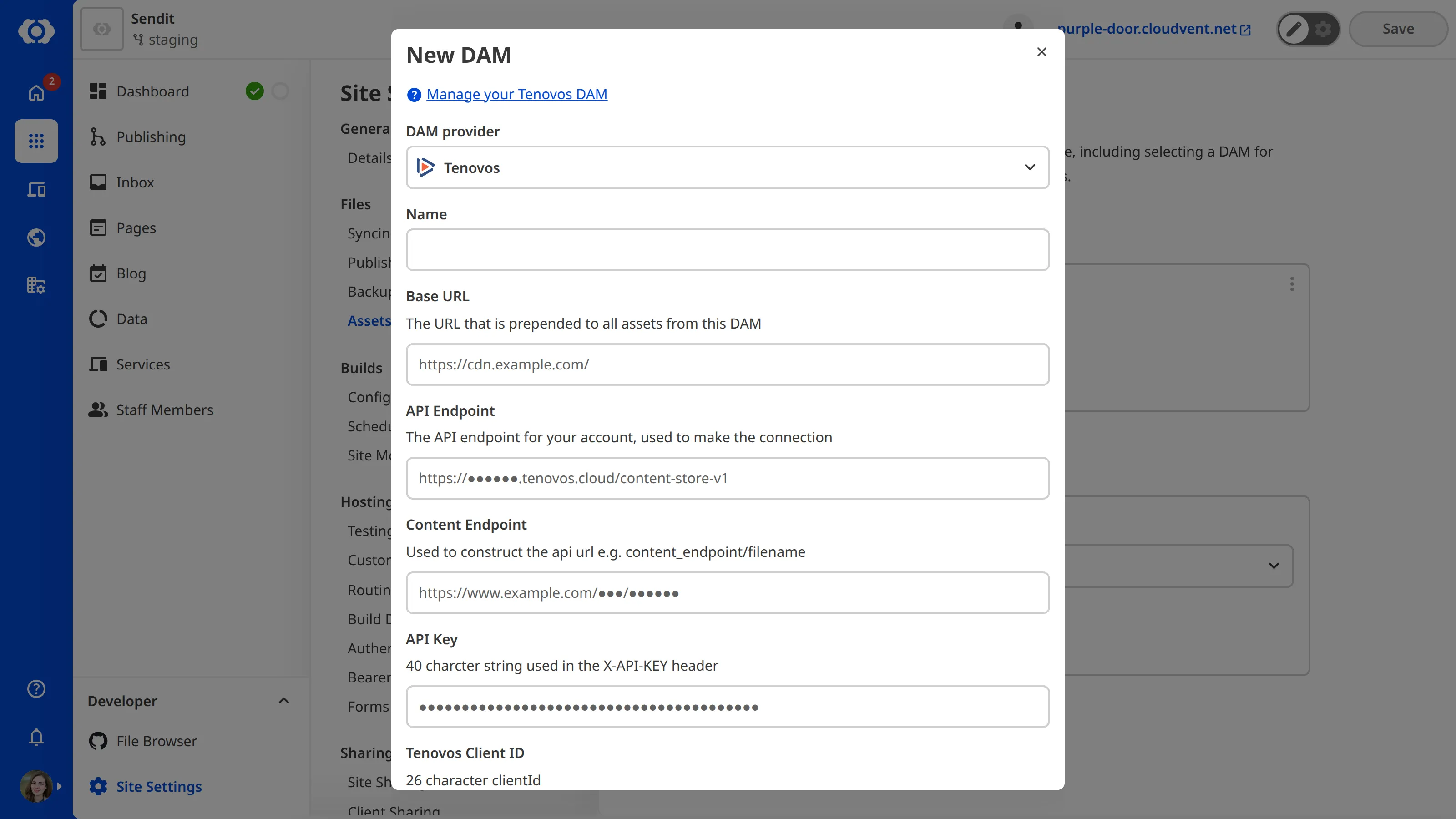 The New DAM modal with Tenovos selected as the DAM provider, showing fields for Name, Base URL, API Endpoint, Content Endpoint, API Key, Client ID, Username, and Password.