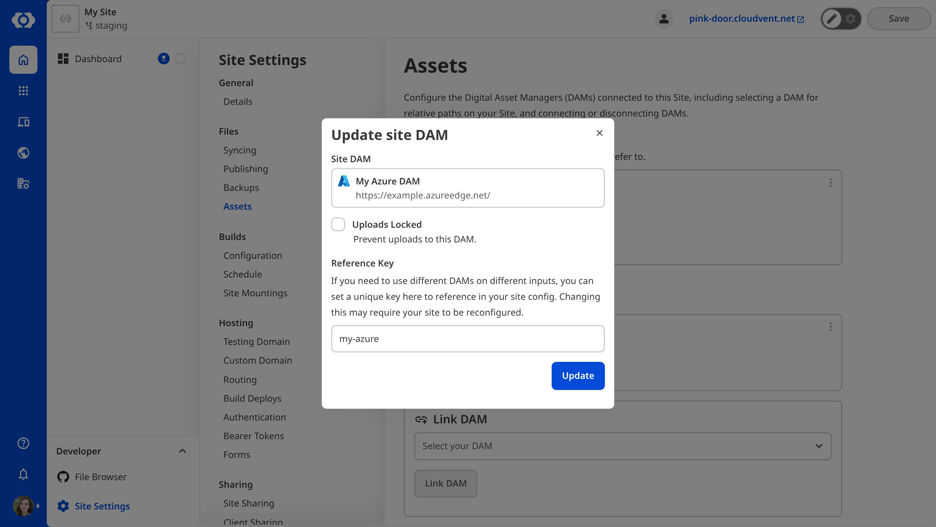 A screenshot of the Update site DAM modal shows fields for configuring a DAM linked to your site, including Reference Key and Uploads Locked options.