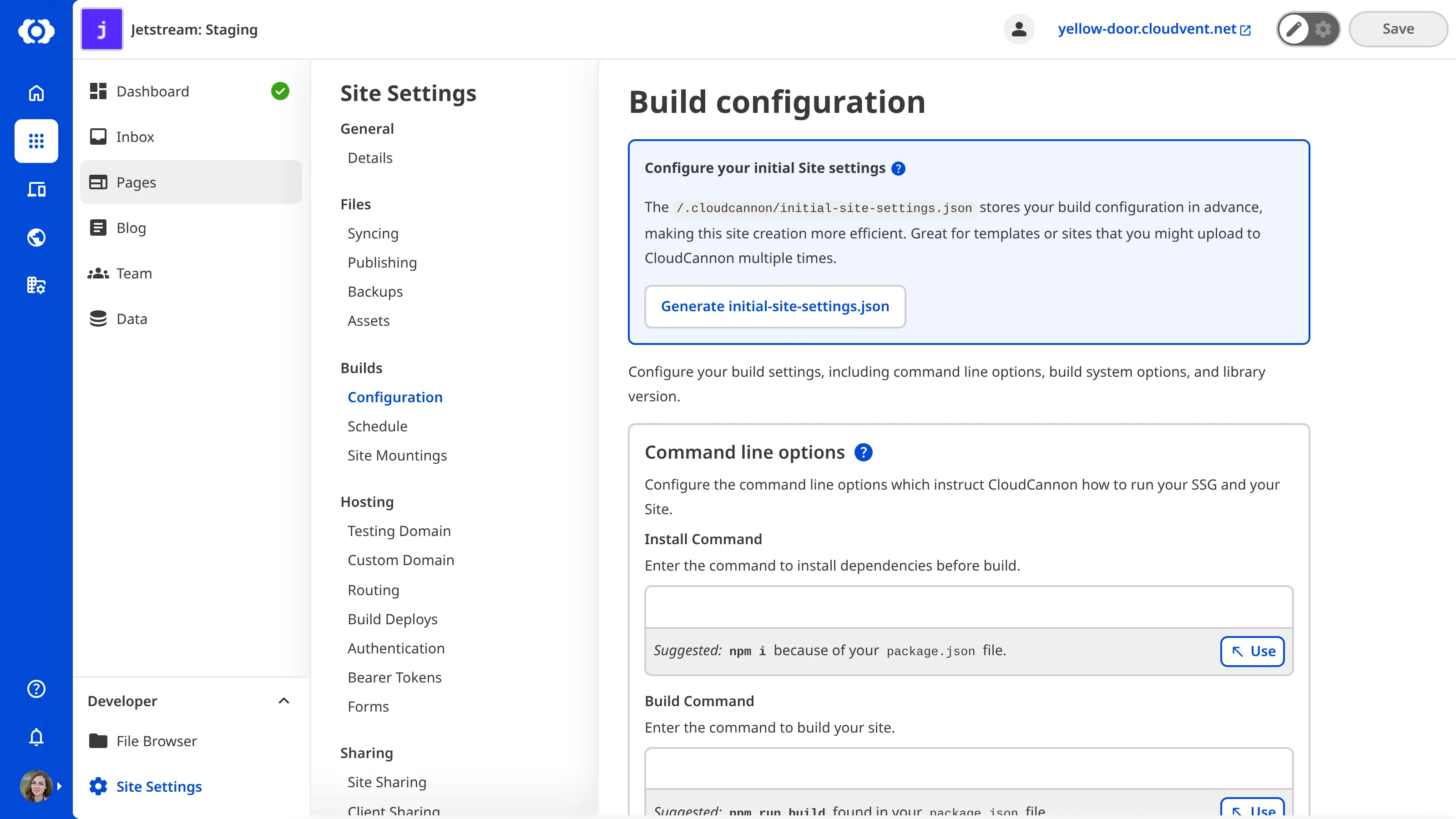 A screenshot of the Build Configuration page shows blue boxes containing CloudCannon's suggestions for your command line options.