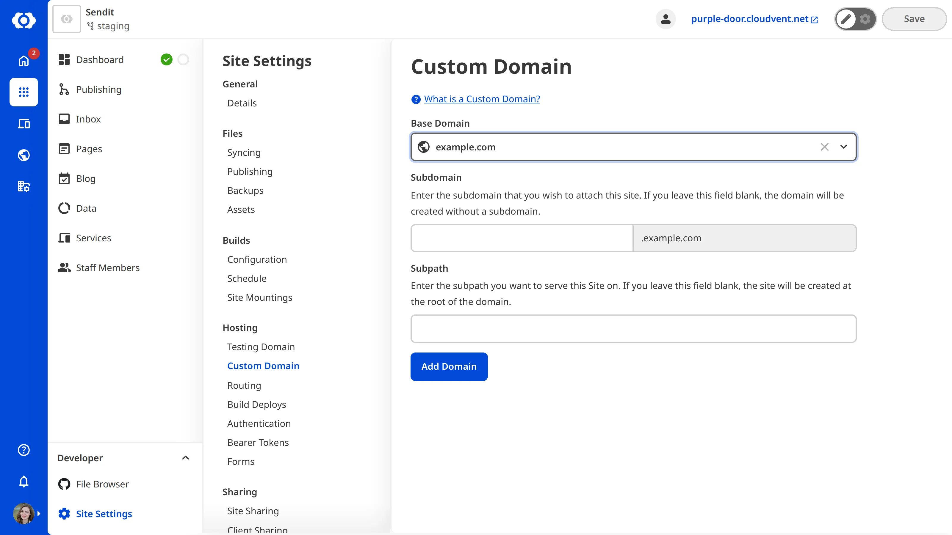 A screenshot of the Custom Domain page under Site Settings shows the Base Domain dropdown and two text fields for Subdomain and Subpath.