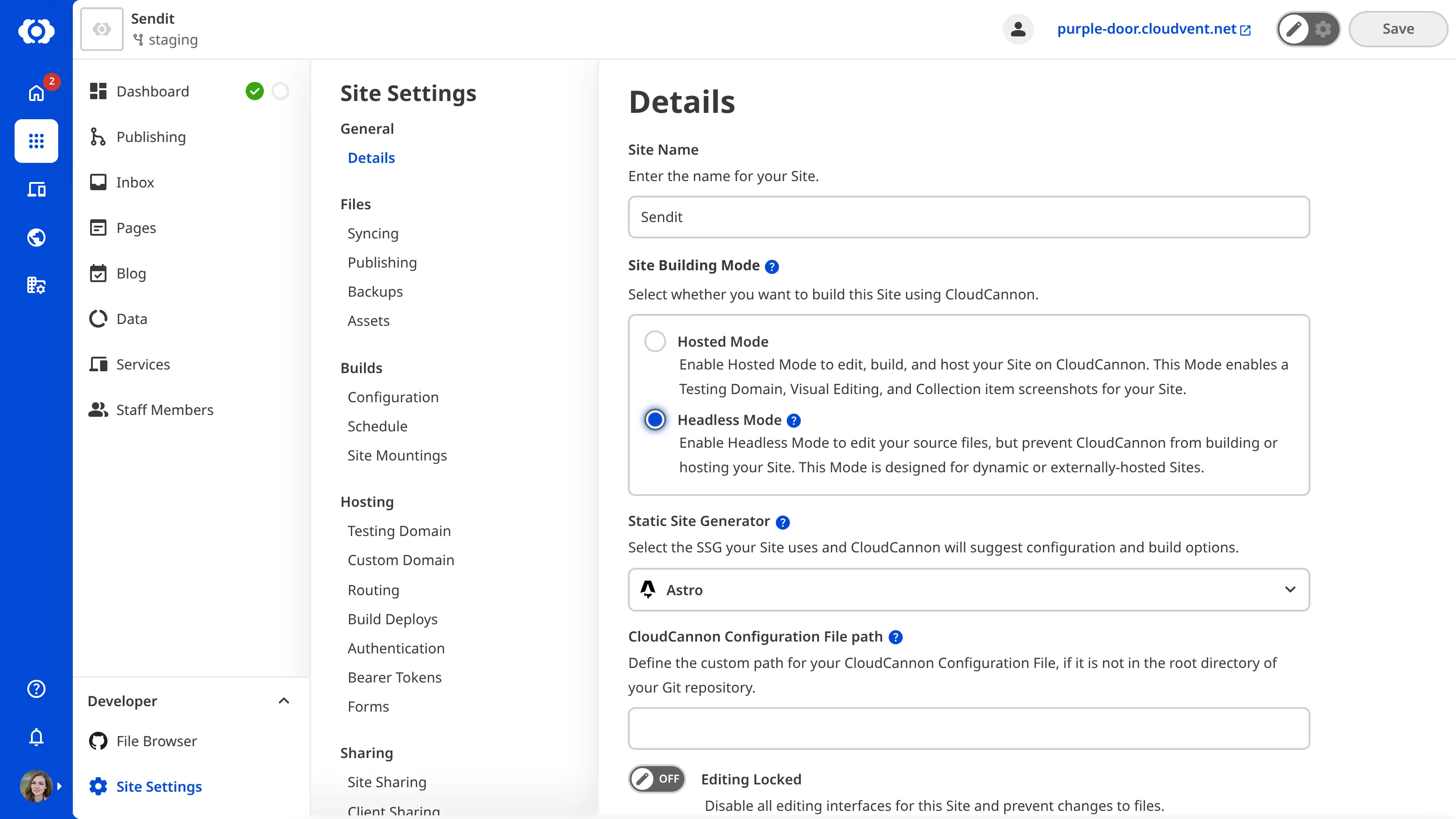 The Site Settings Details page with Headless Mode selected under Site Building Mode.