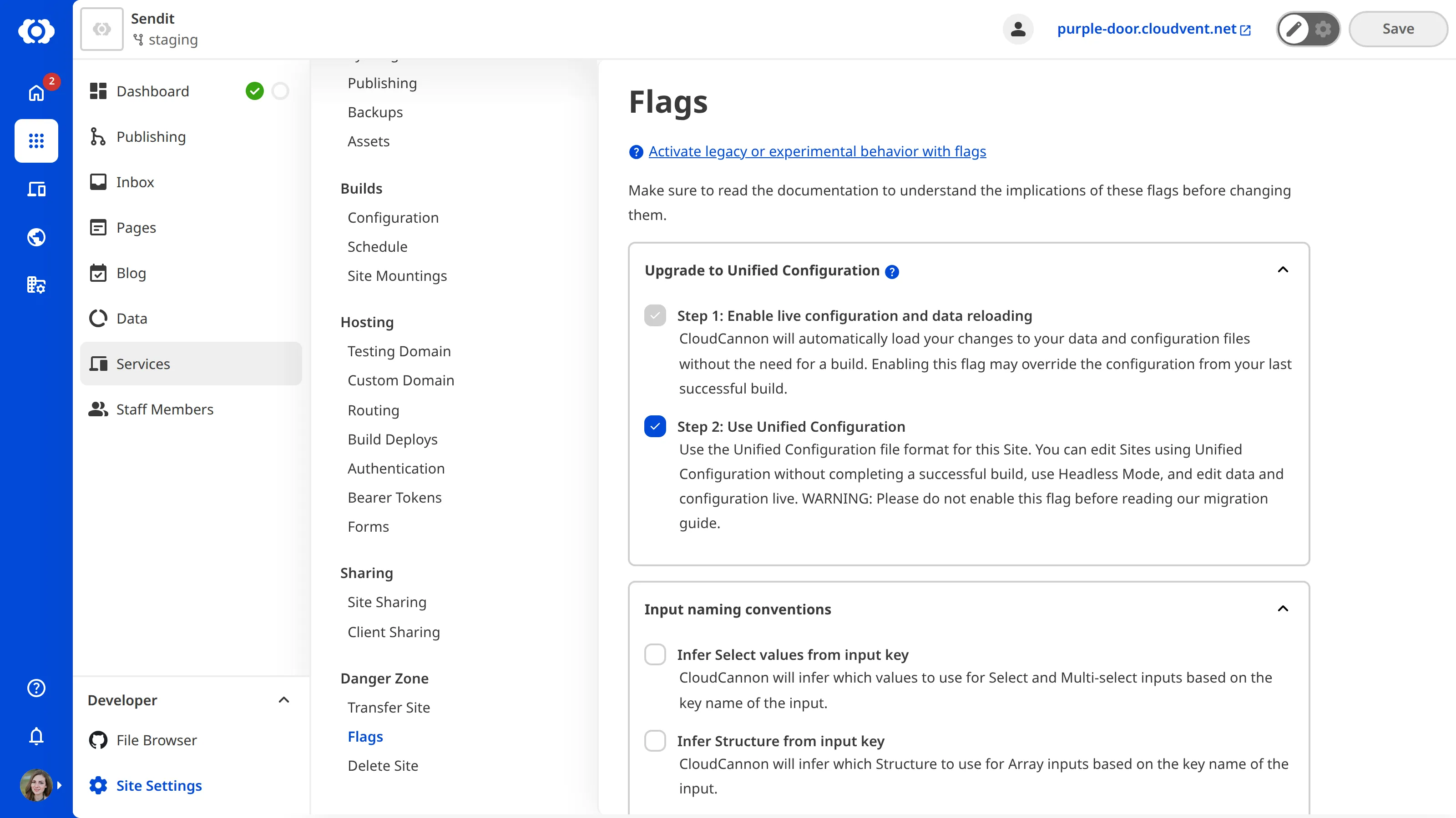 A screenshot of the Flags page in your Site Settings shows three checkboxes for enabling opt-in behavior in CloudCannon.