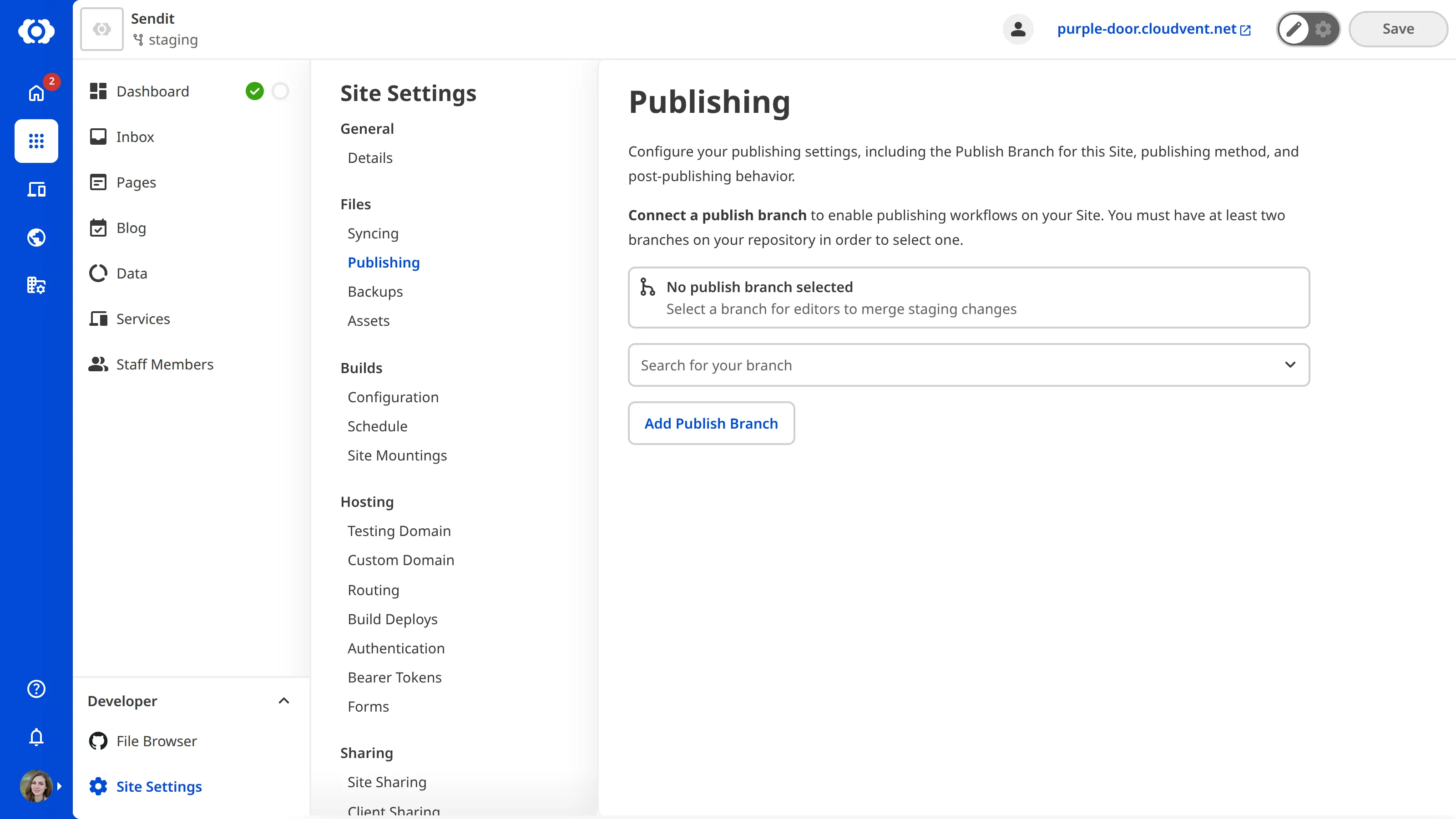 A screenshot of the Publishing page shows the empty state with a search field and button to add a Publish Branch.