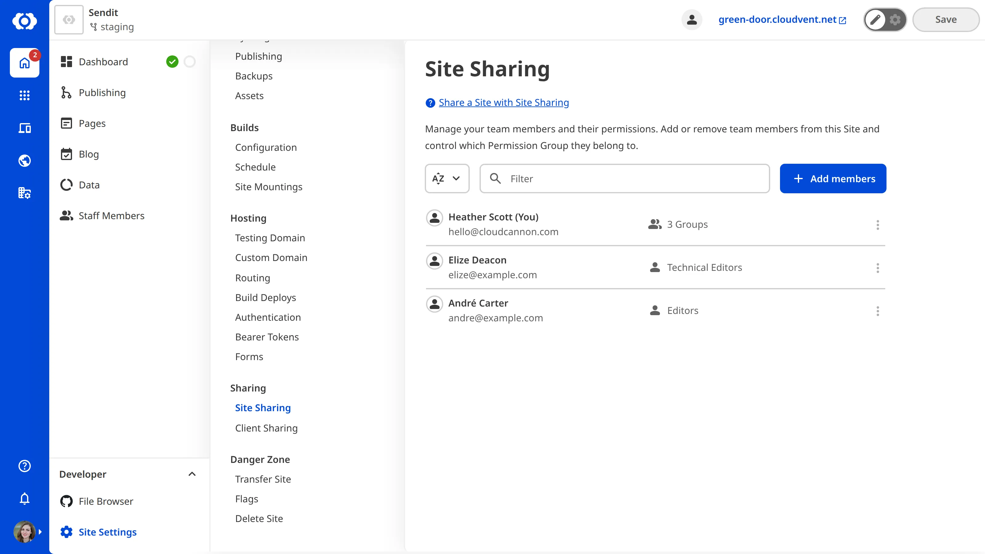 A screenshot of the Site Sharing page shows team members who have access to this site.