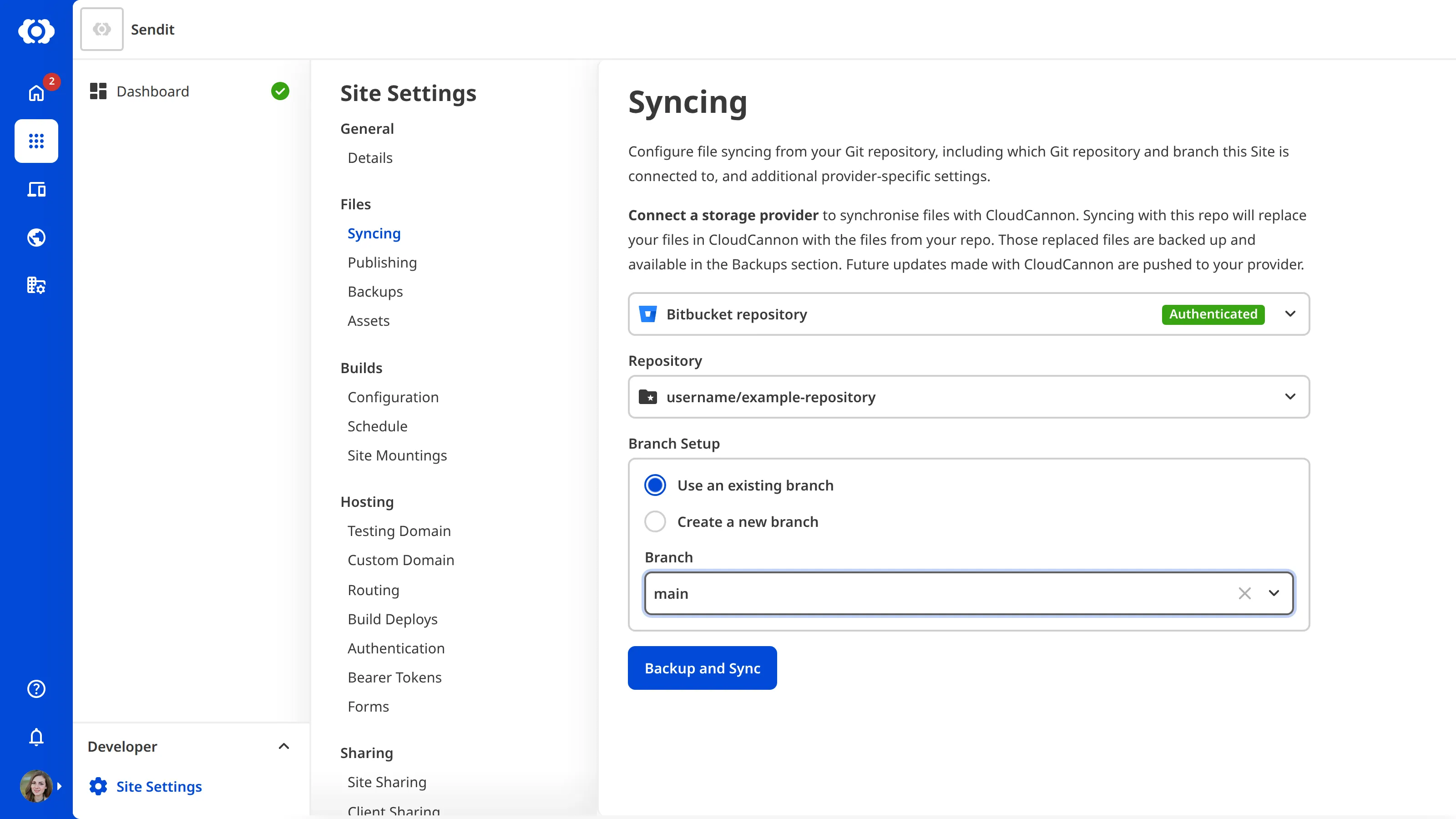 The Site Settings Syncing page with a Bitbucket repository selected from the repository dropdown.