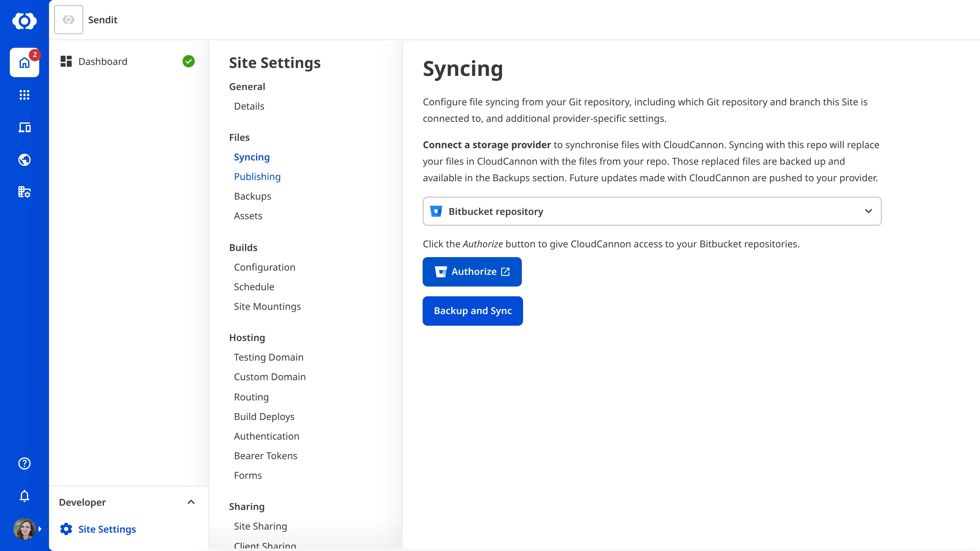 The Site Settings Syncing page with Bitbucket repository selected from the provider dropdown and an Authenticate button.