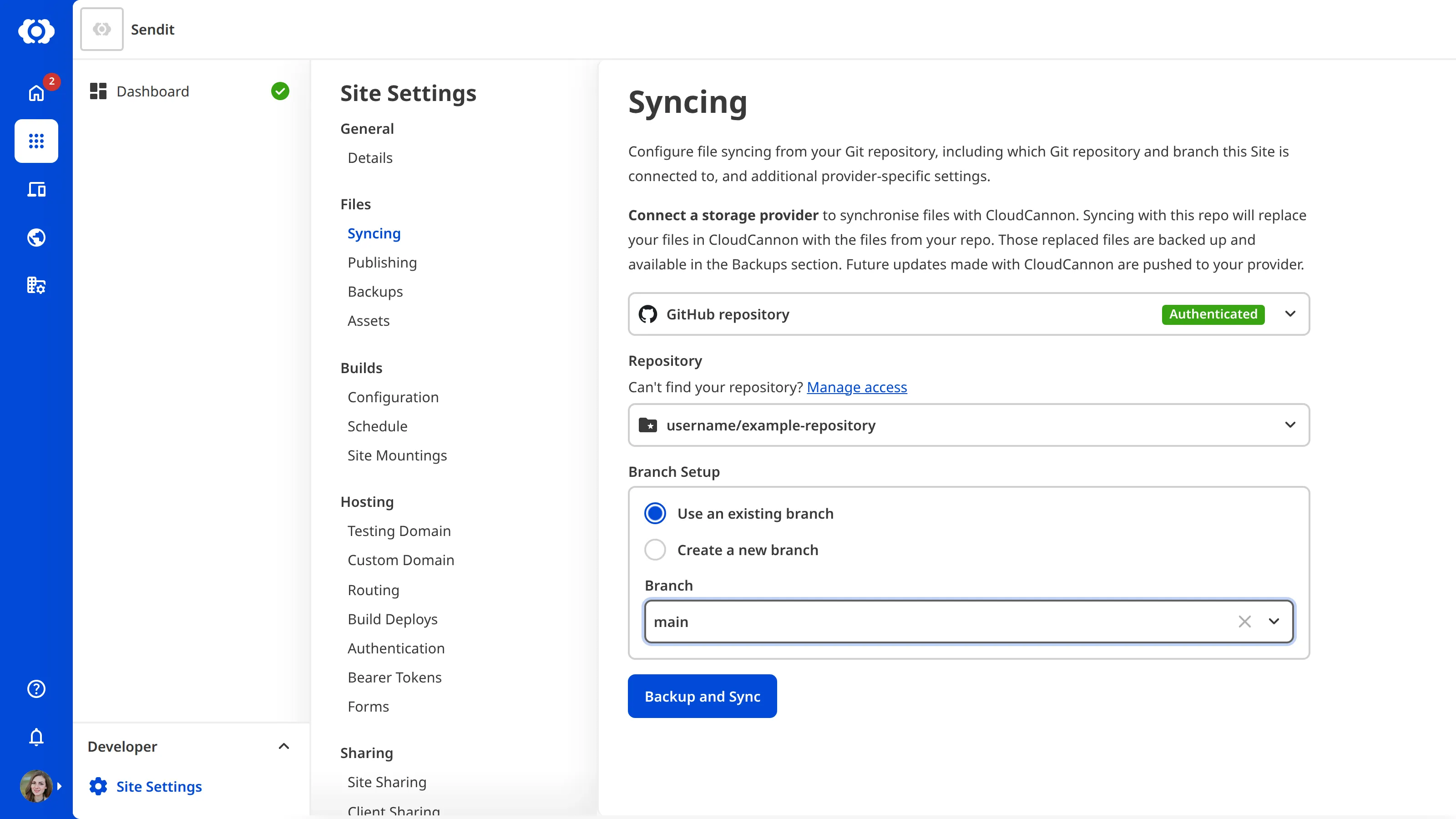 The Site Settings Syncing page with a GitHub repository selected from the repository dropdown, showing the Configure the GitHub App link.