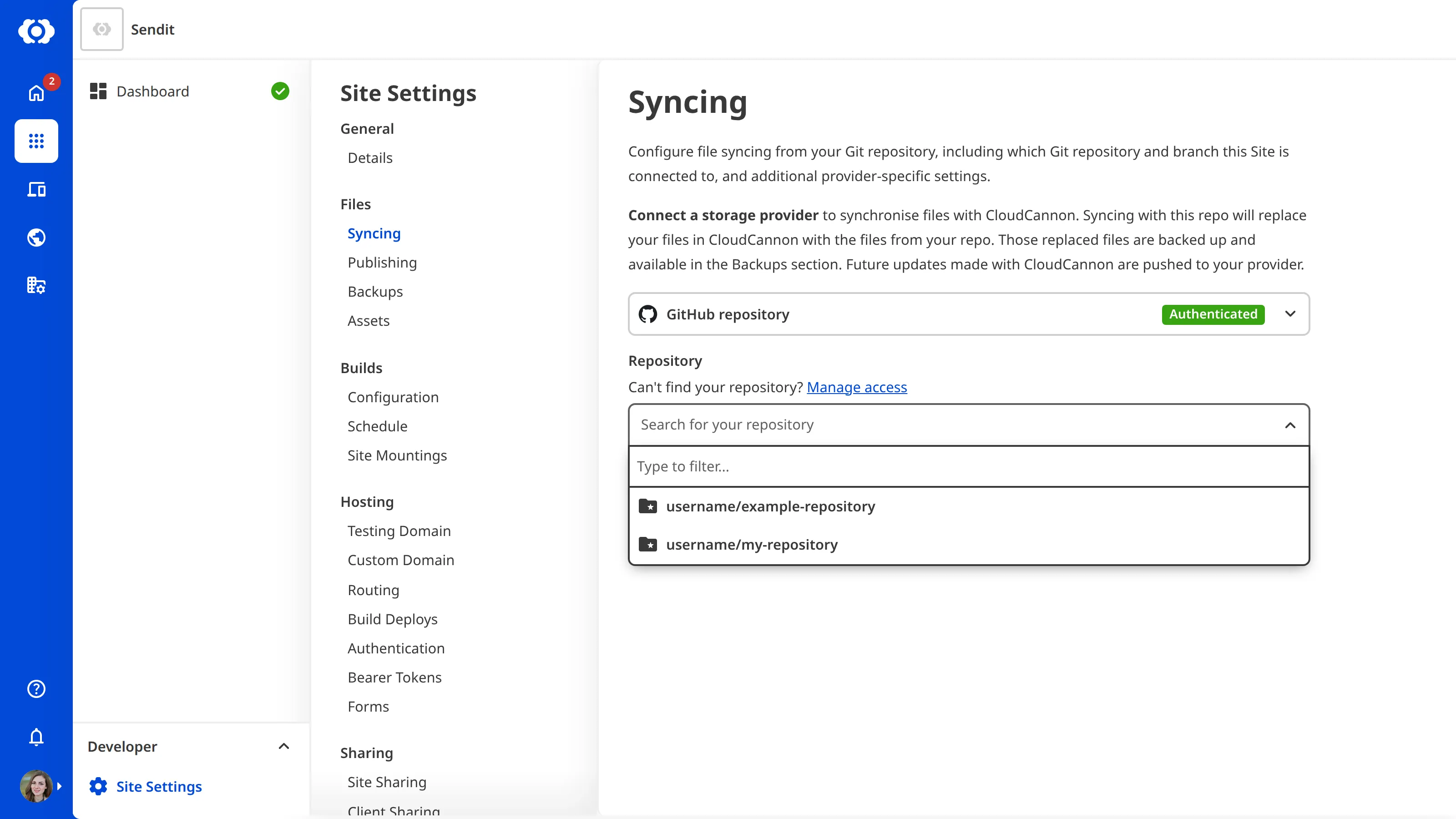 The Site Settings Syncing page with GitHub authenticated and a prompt to install the GitHub App to grant repository access.