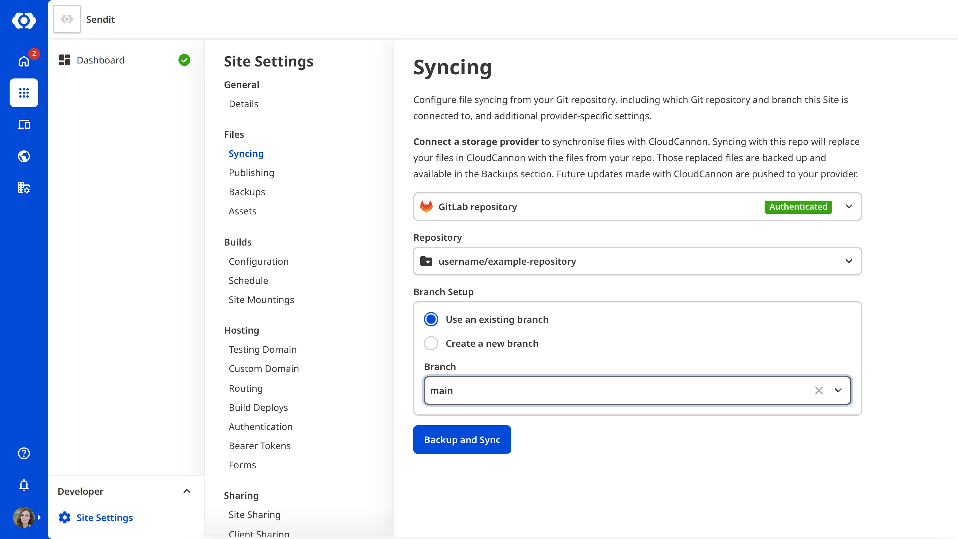 The Site Settings Syncing page showing a GitLab repository and branch selected.