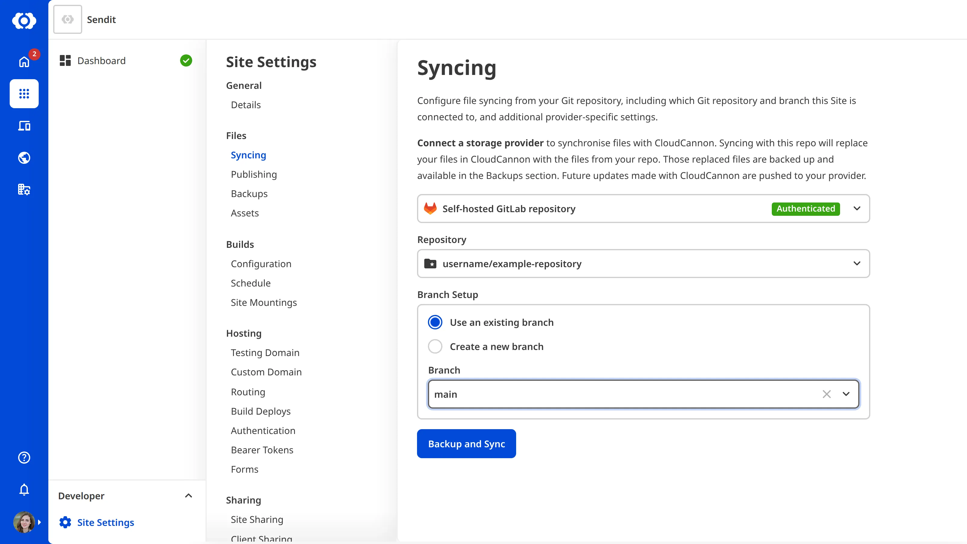 The Site Settings Syncing page showing a Self-hosted GitLab repository and branch selected.