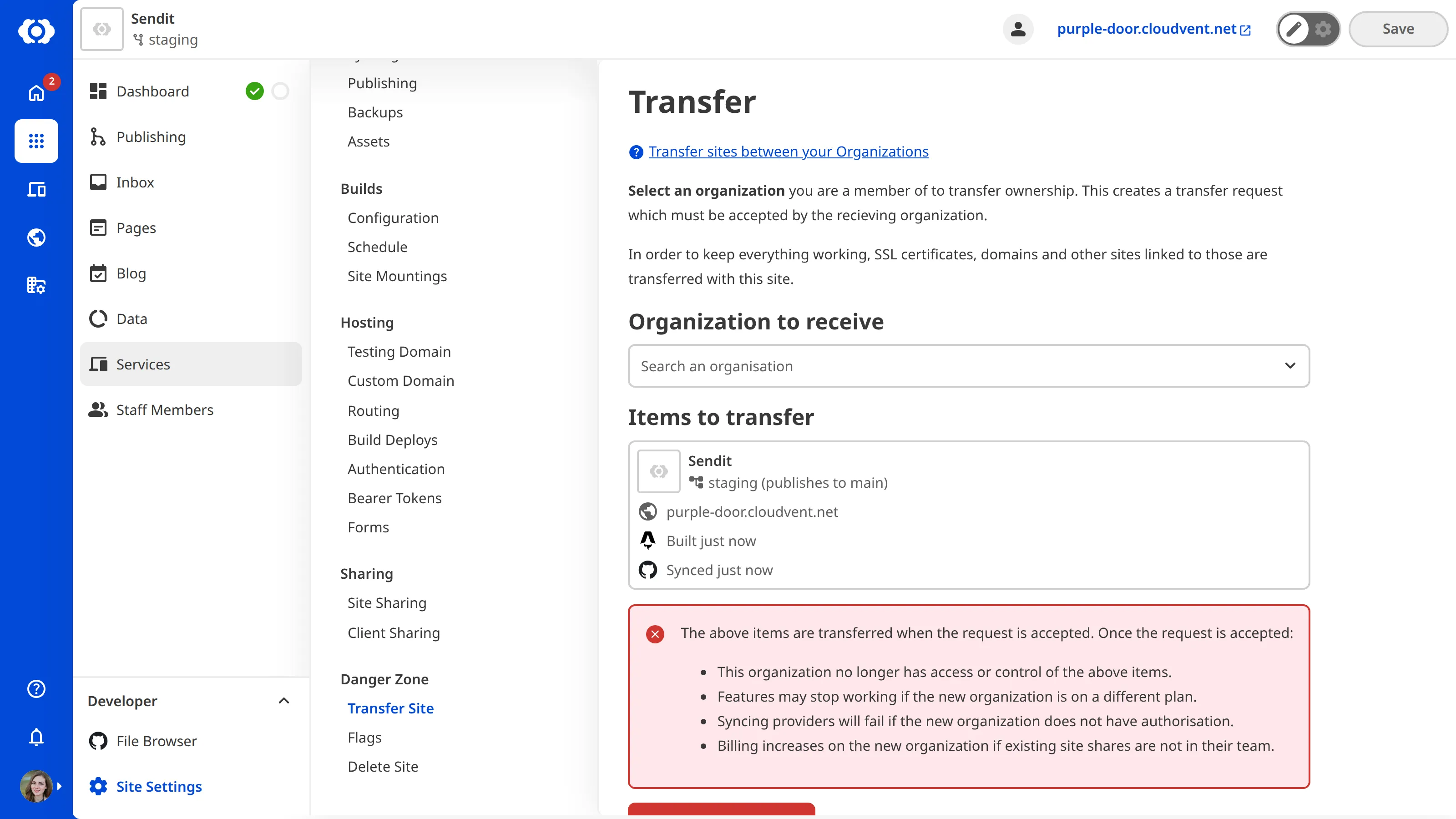 Screenshot of site transfer interface