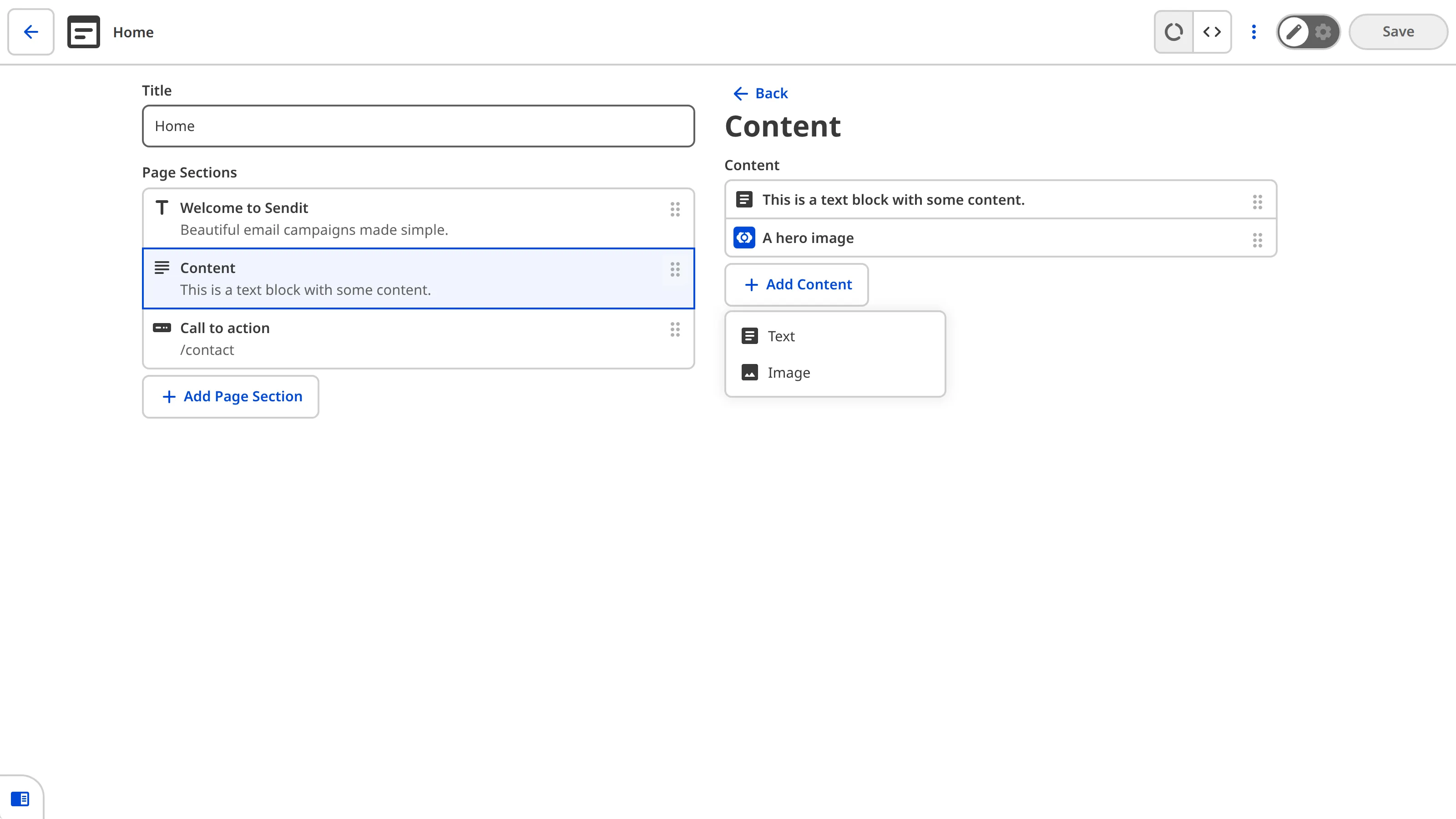 The sidebar of the Content Editor shows nested structure options within the Content item, with Text and Image sub-elements.