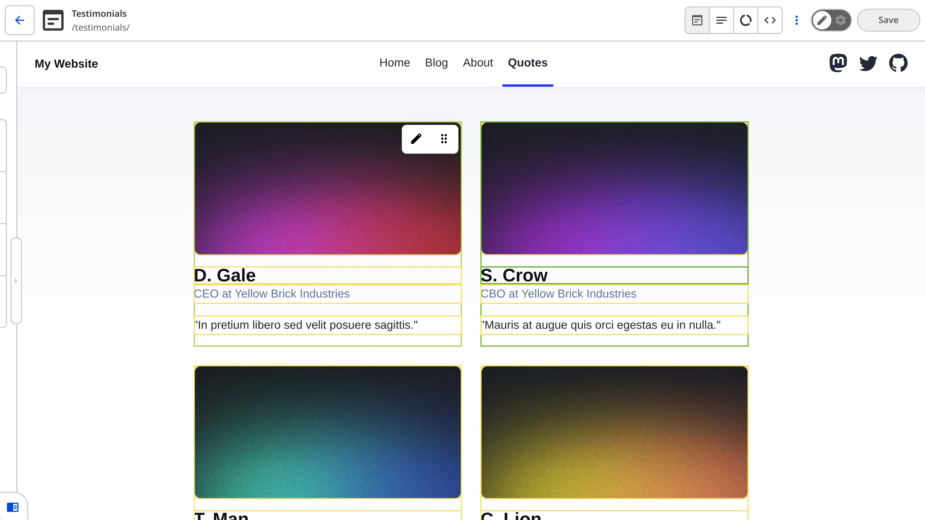 A screenshot of the Visual Editor shows yellow Editable Region boxes around the array items, text, and images on the Quotes webpage.