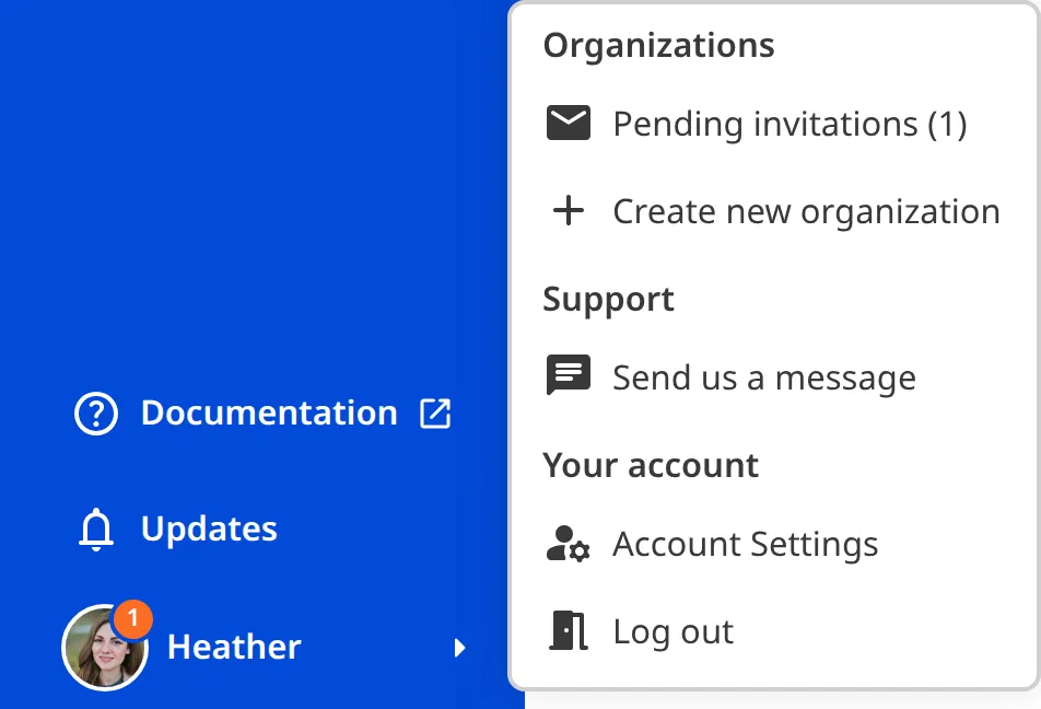 A screenshot of the open Account Menu shows the Pending invitations option at the top.