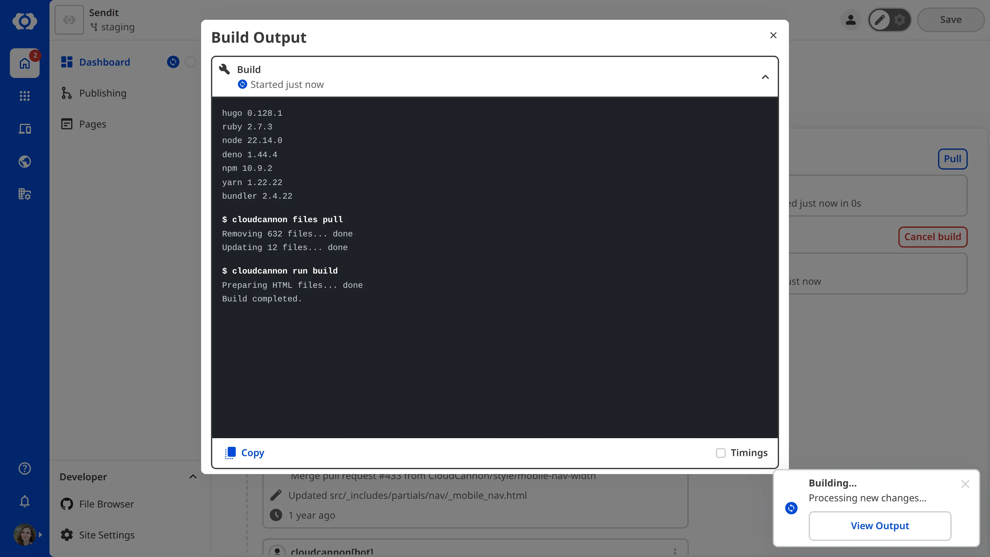 A screenshot of the Content Editor with the Build Terminal modal open shows the progress of the current Site build.