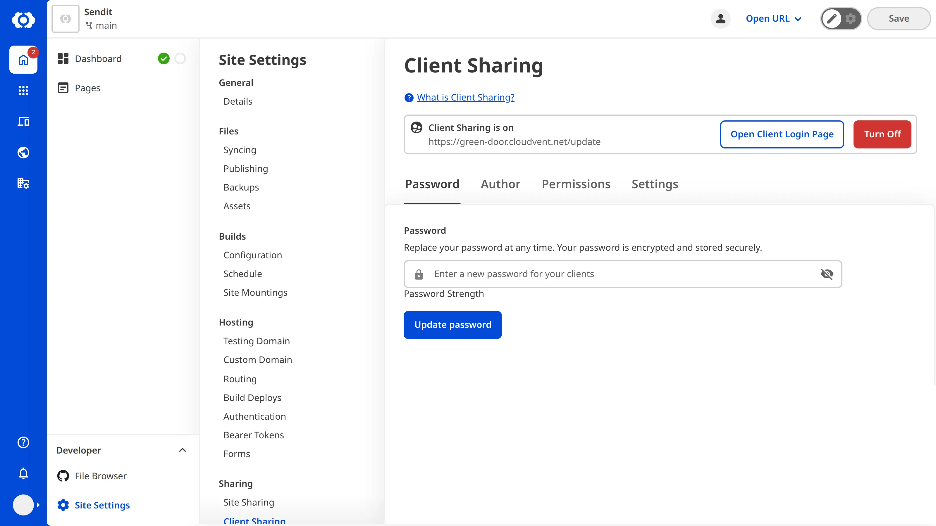 A screenshot of the Client Sharing page showing options to reset the password and disable Client Sharing.
