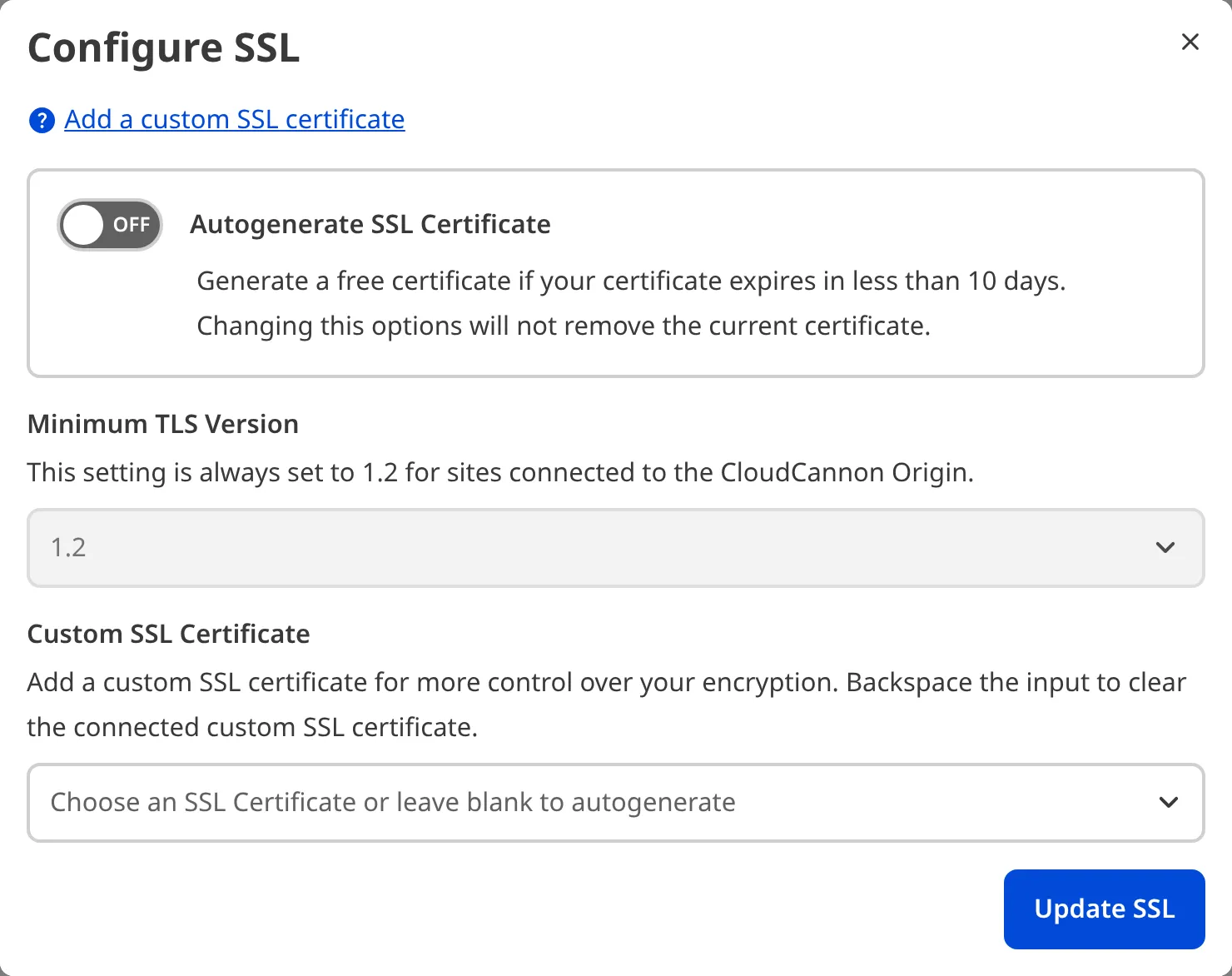 A screenshot of the SSL settings modal shows fields for Minimum TLS Version, Validation Method, and a wildcard certificate checkbox.
