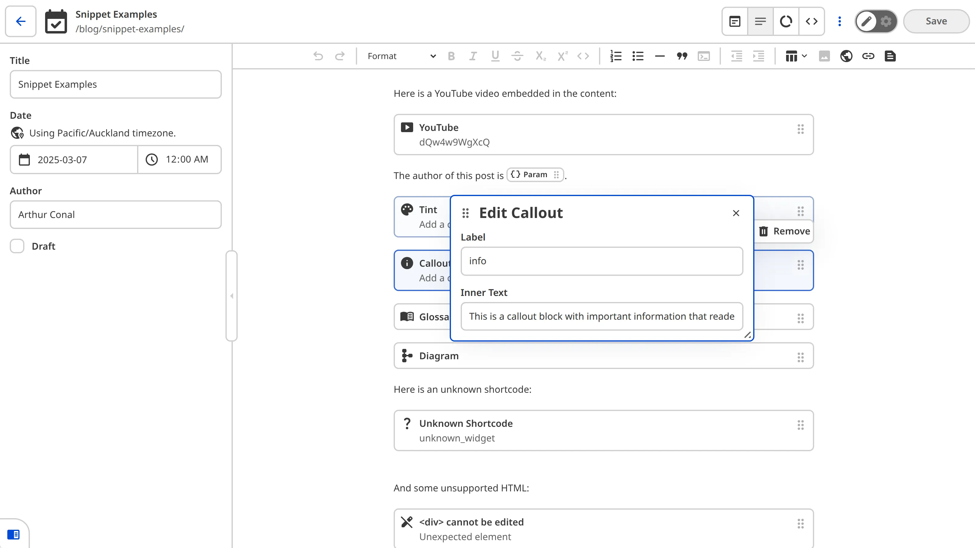 The Content Editor showing a Callout Snippet block selected with the data editor panel open, displaying Label and Inner Text inputs.