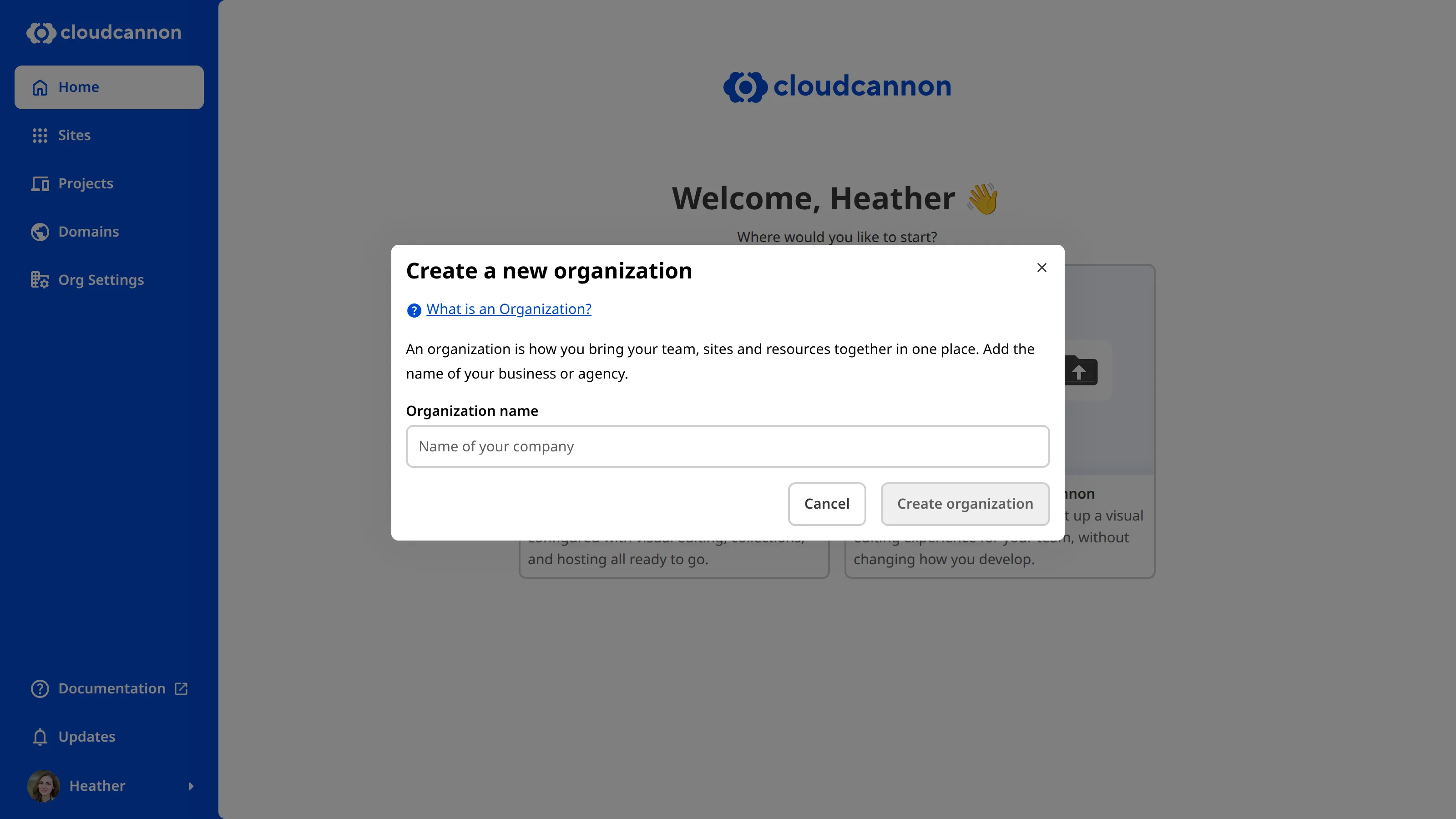A screenshot of the Create a new organization modal shows the Organization name text field.