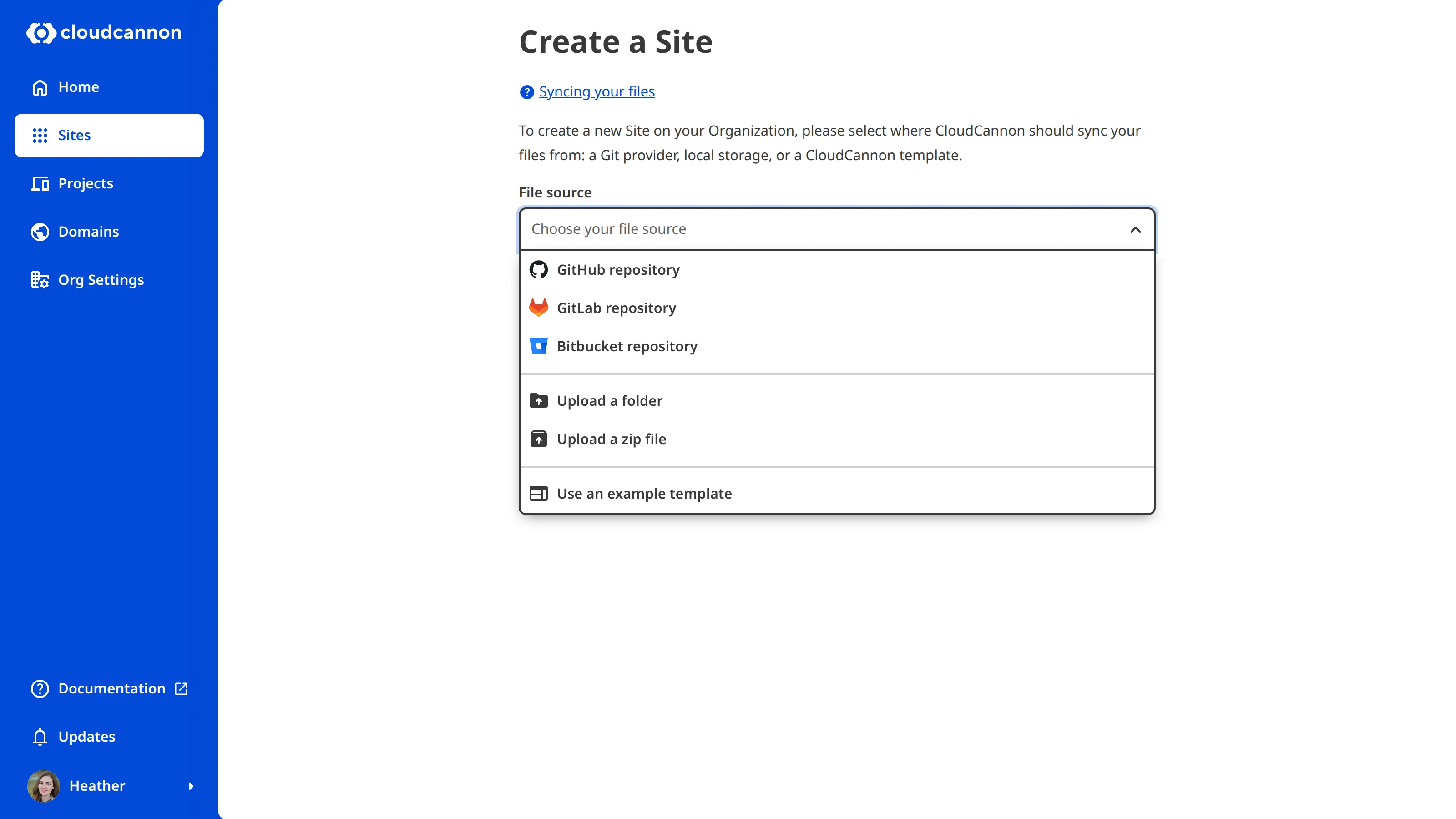 A screenshot of the Create a Site page shows a dropdown to select your File Source from a Git repository, local storage, or a template.