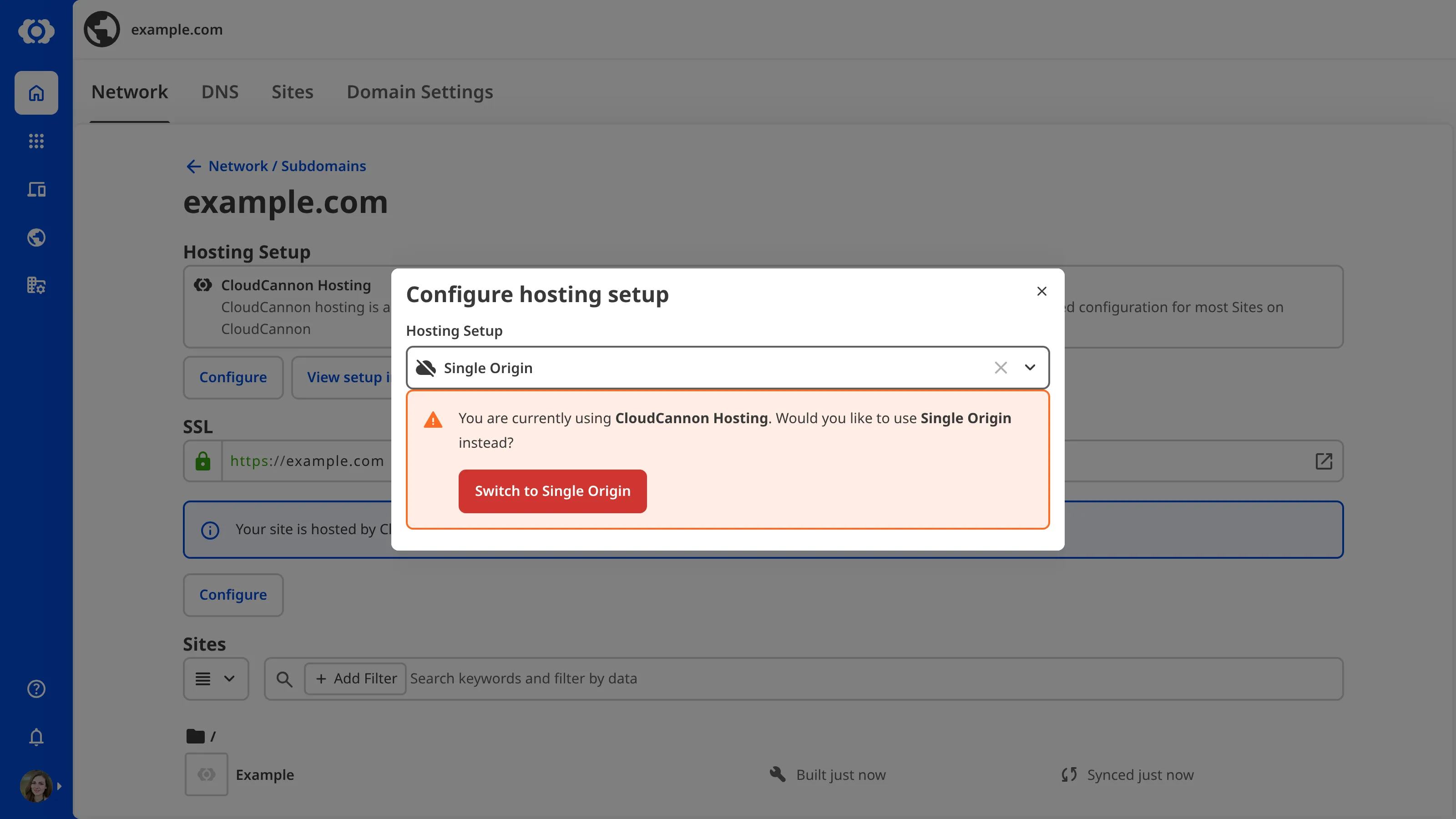 A screenshot of the Custom Domain page shows the Single Origin option in the Hosting Setup dropdown.