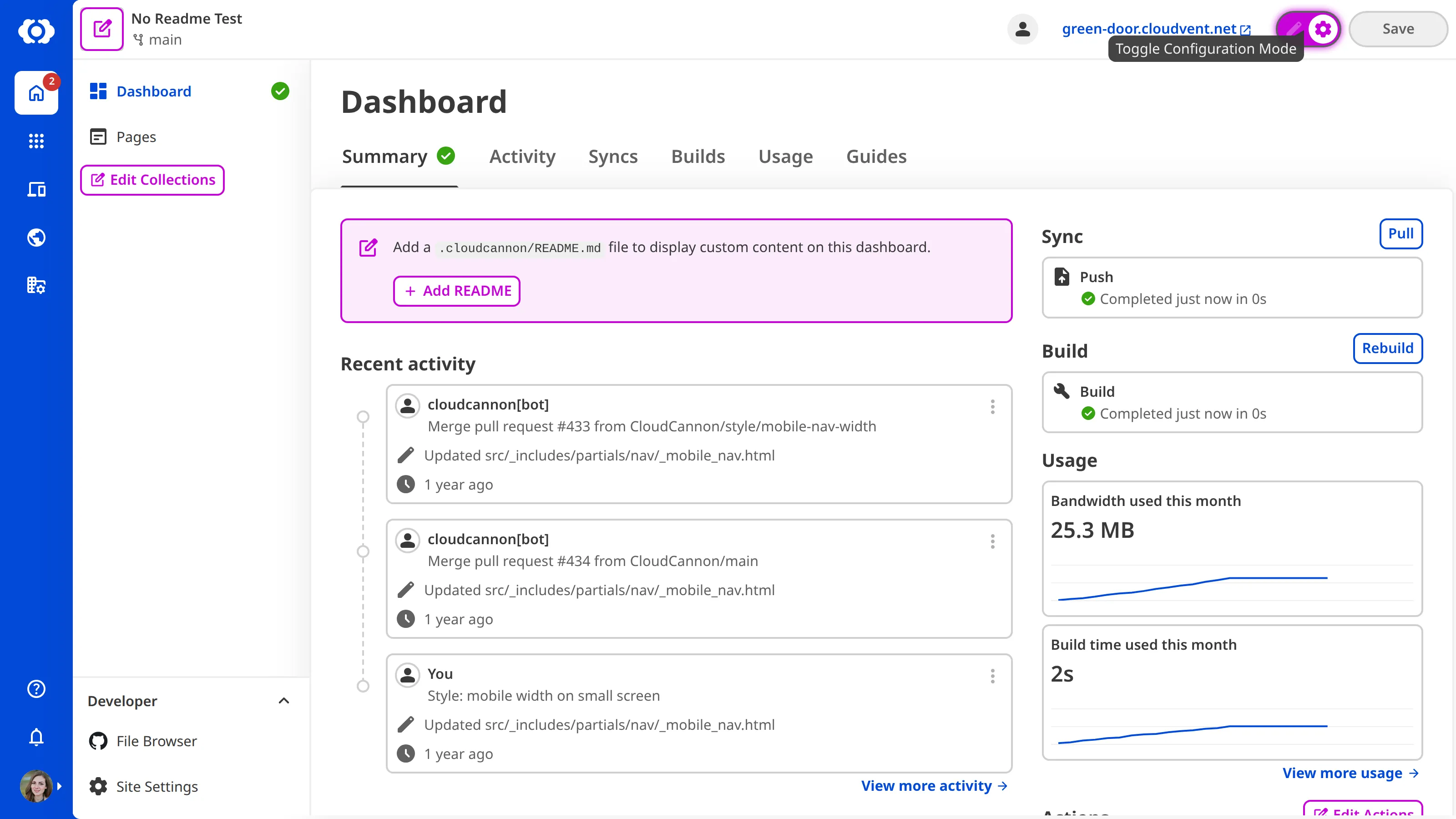 A screenshot of the Site Dashboard with Configuration Mode on shows a purple + Add README button.