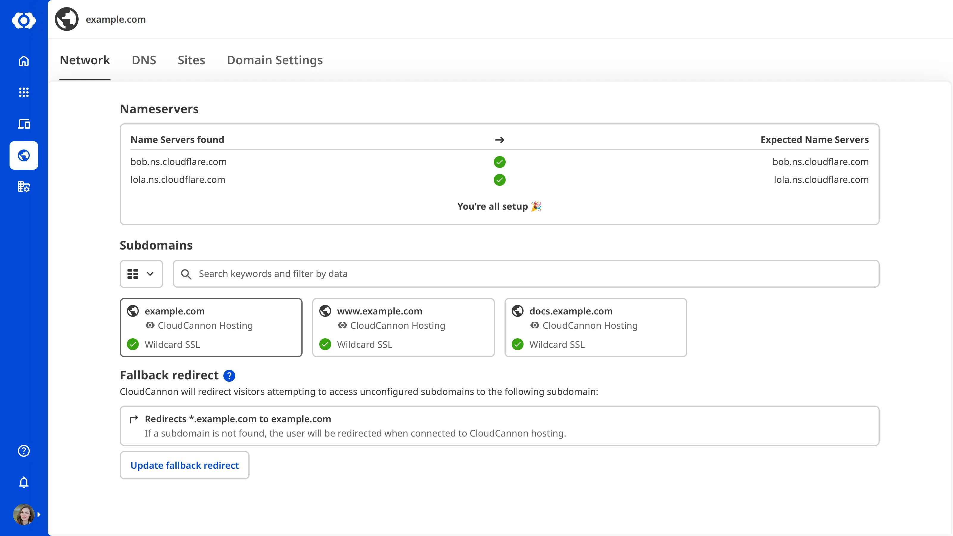 A screenshot of the Network tab on the Domain page shows the fallback redirect section and Update fallback redirect button.