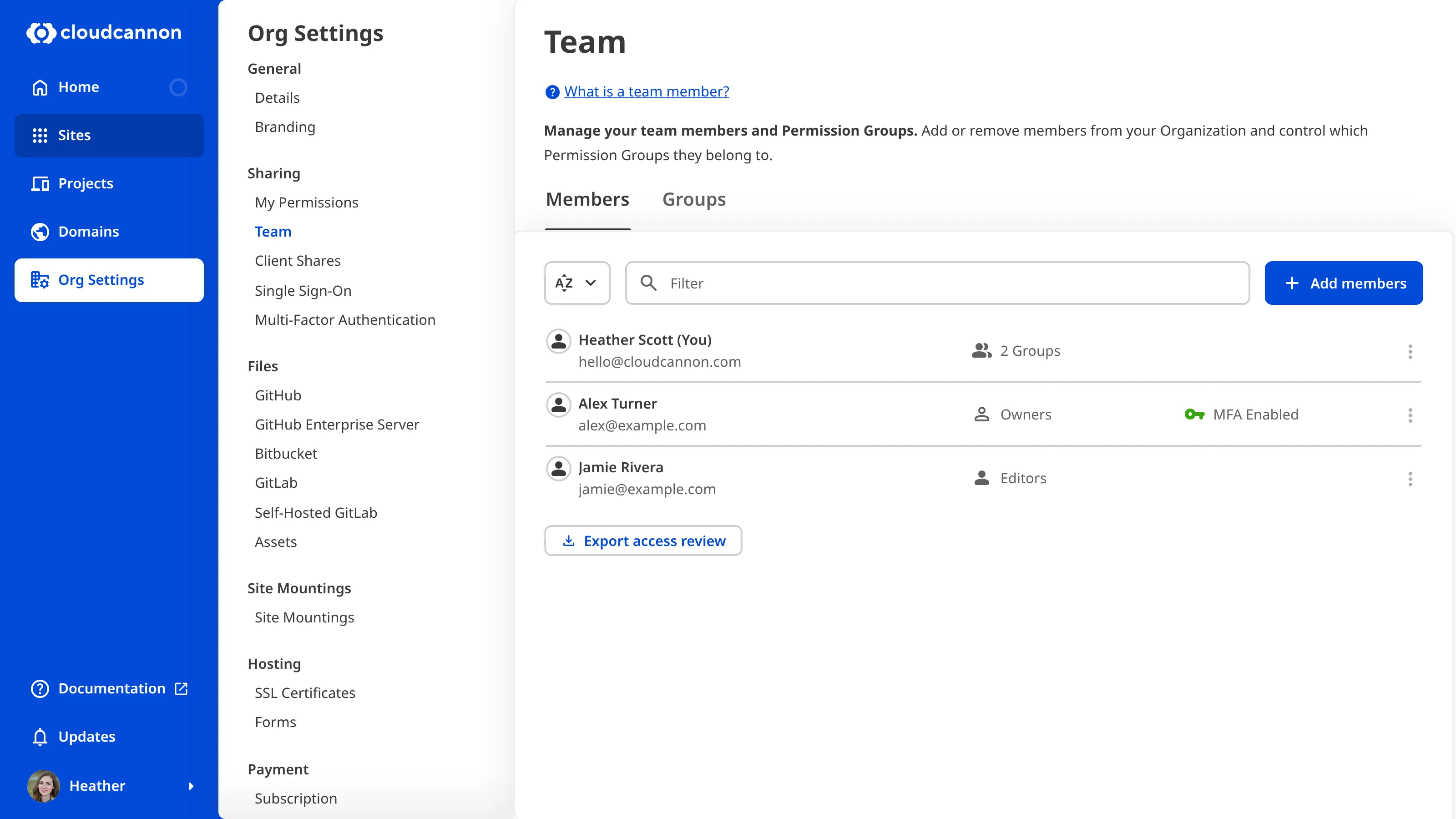 A screenshot of the Team page shows which team members have enabled MFA.