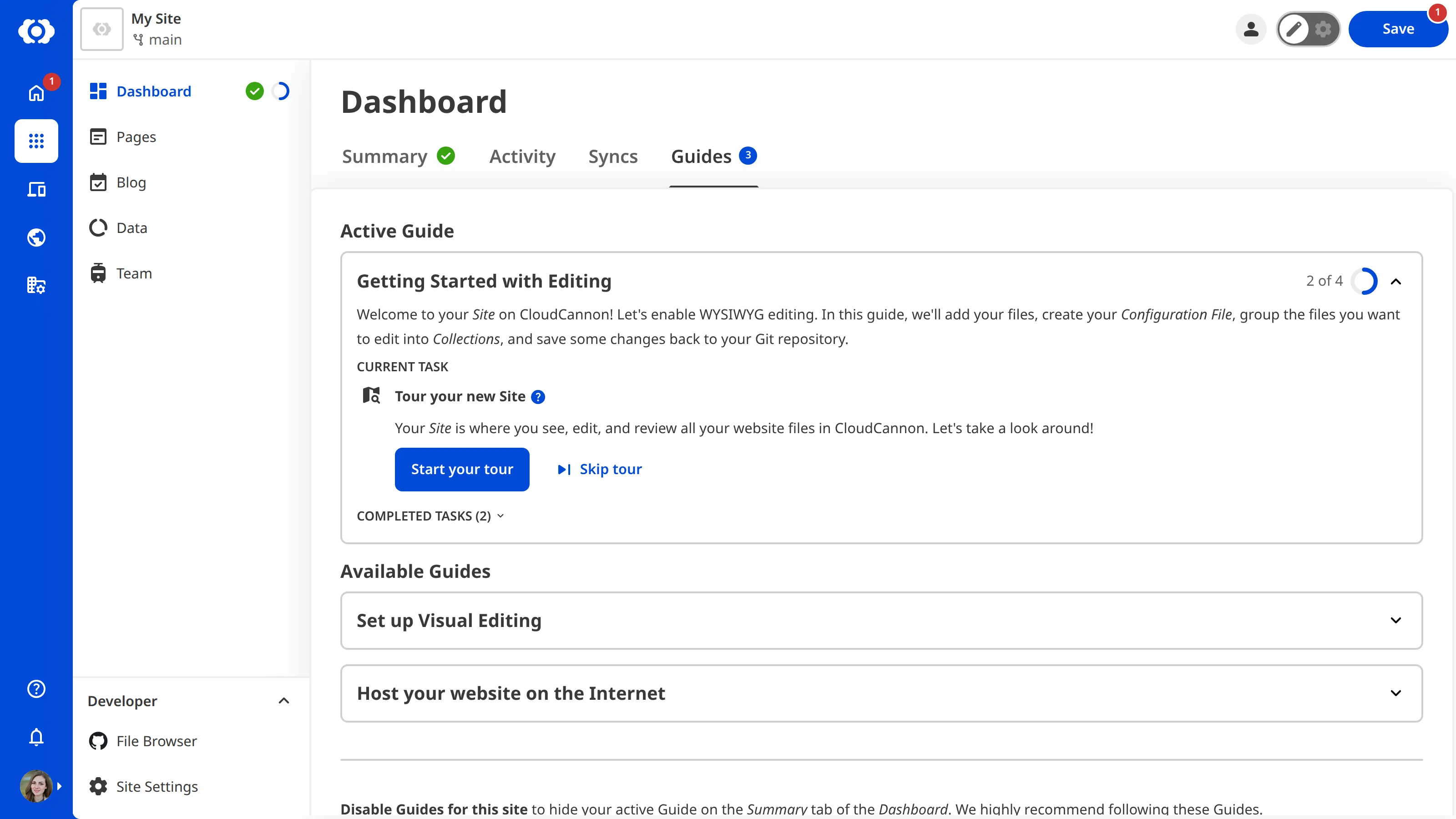 A screenshot of the Guides tab on the Site Dashboard shows one active guide and several other available guides.