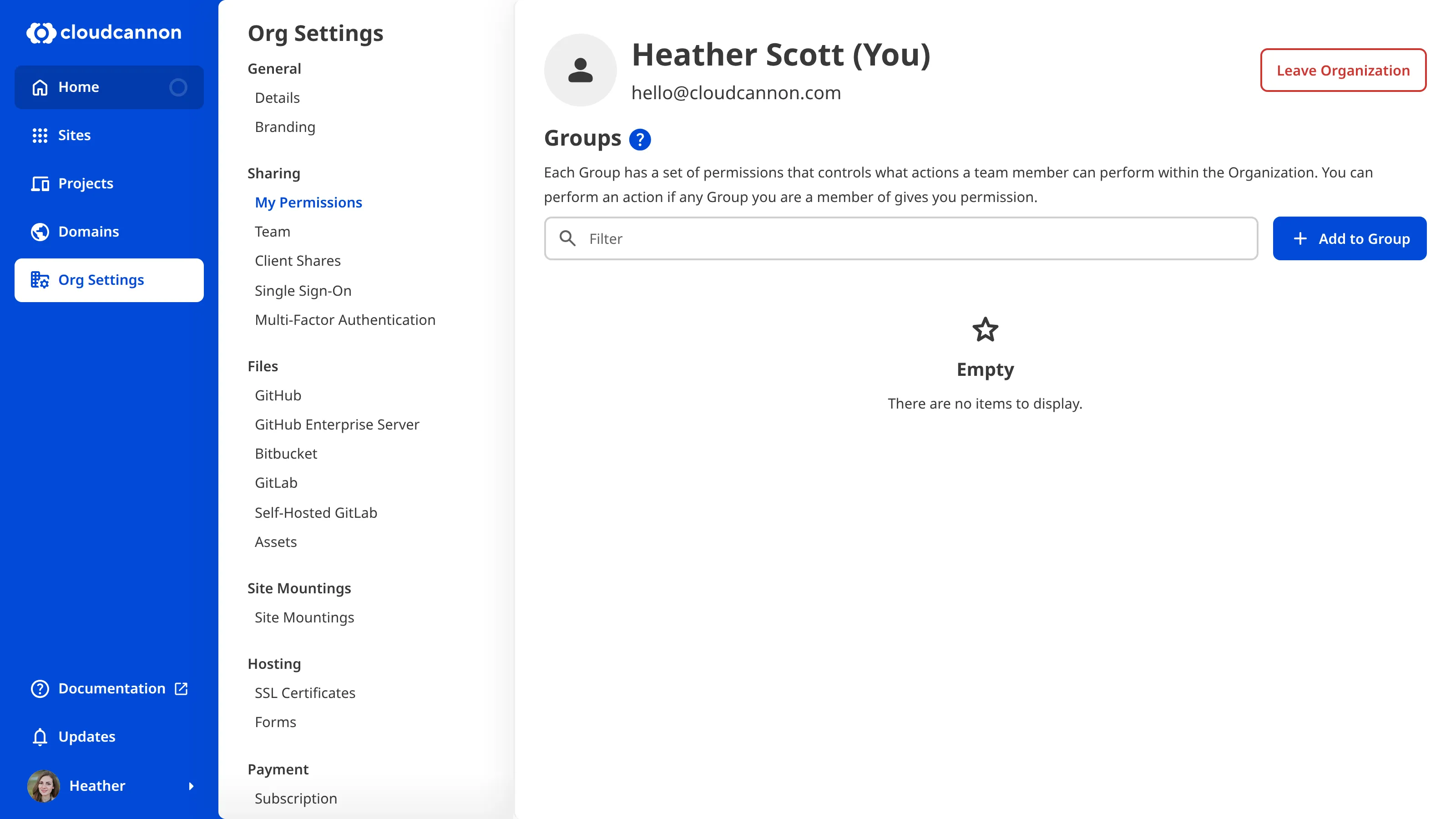 A screenshot of the My Permissions page shows which Permission Groups a team member belongs to and the Leave Organization button.