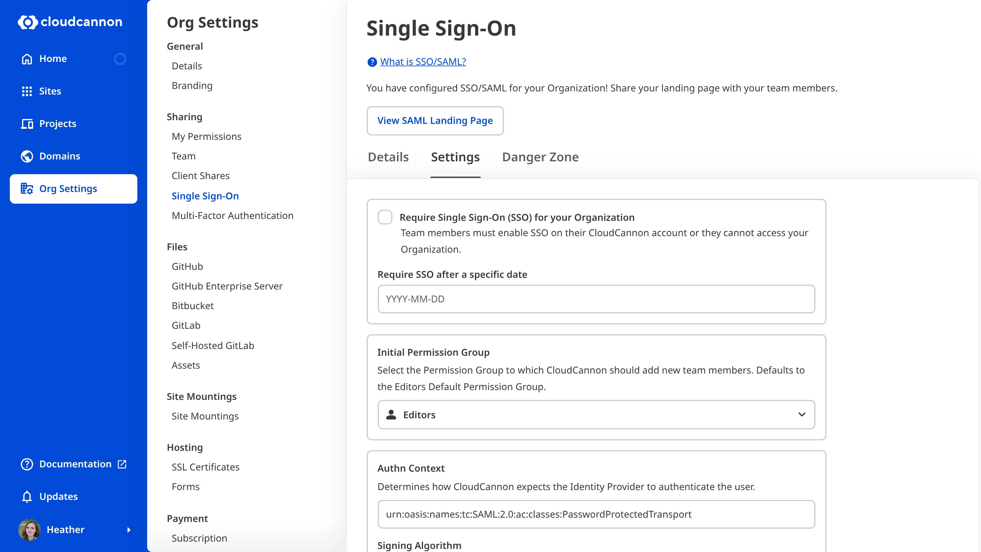 A screenshot of the Settings Tab on the Single Sign-On page shows the Require Single Sign-On (SSO) for your Organization checkbox.