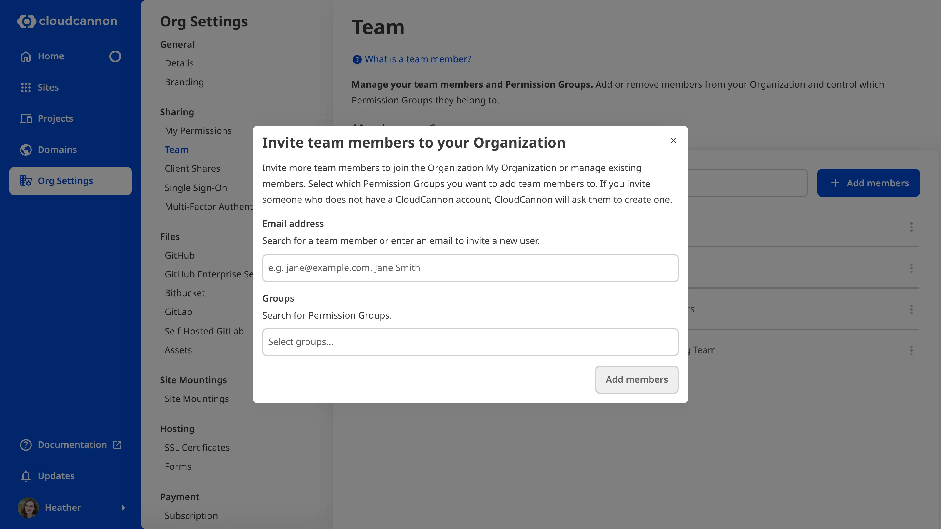 A screenshot of the Team page shows the Invite Team members modal with two fields for names and Permission Groups.