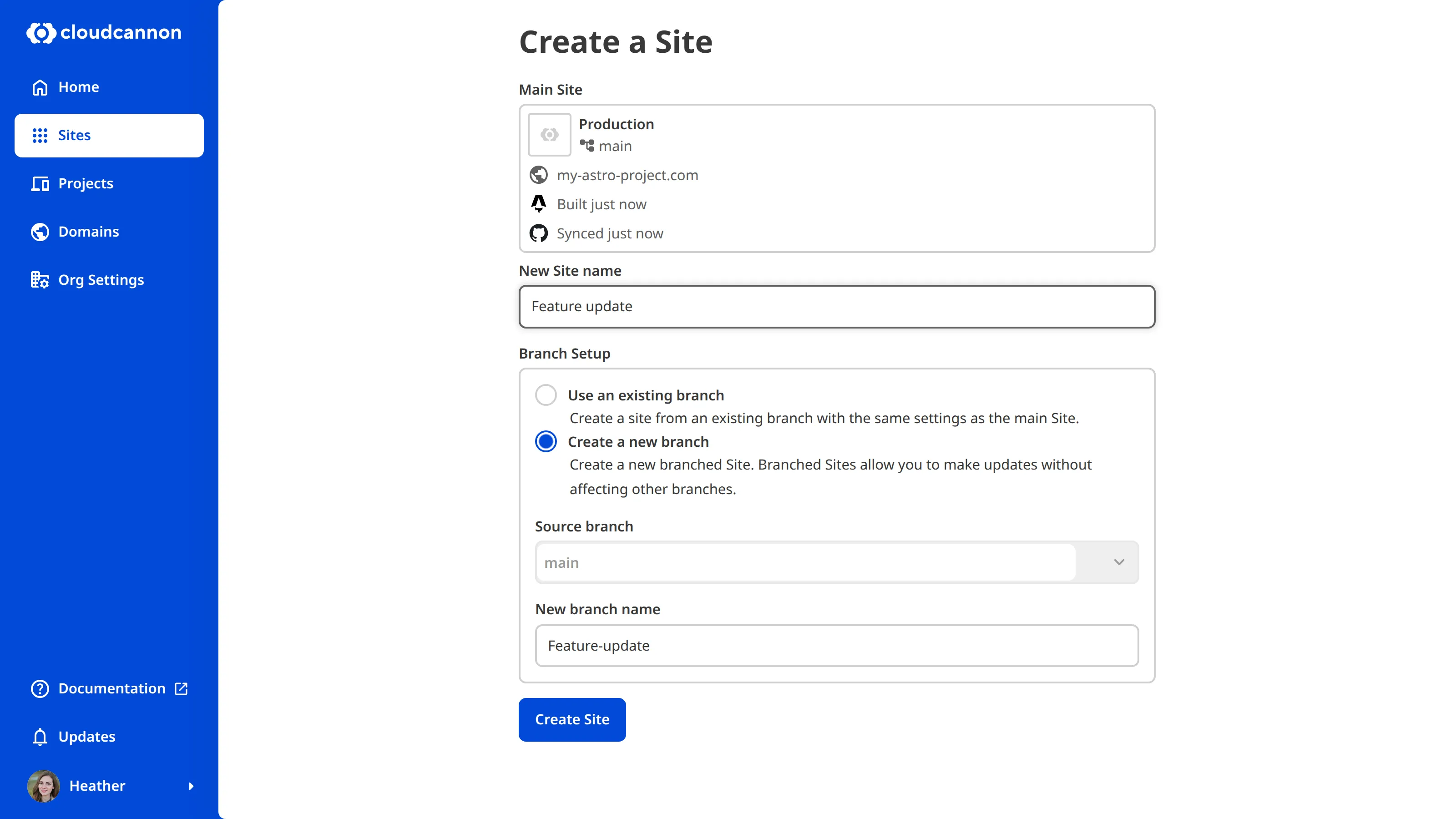 The Create a Site page A screenshot of the Create a Site page within a Project, showing the Source branch field set to the Project's Main Branch.